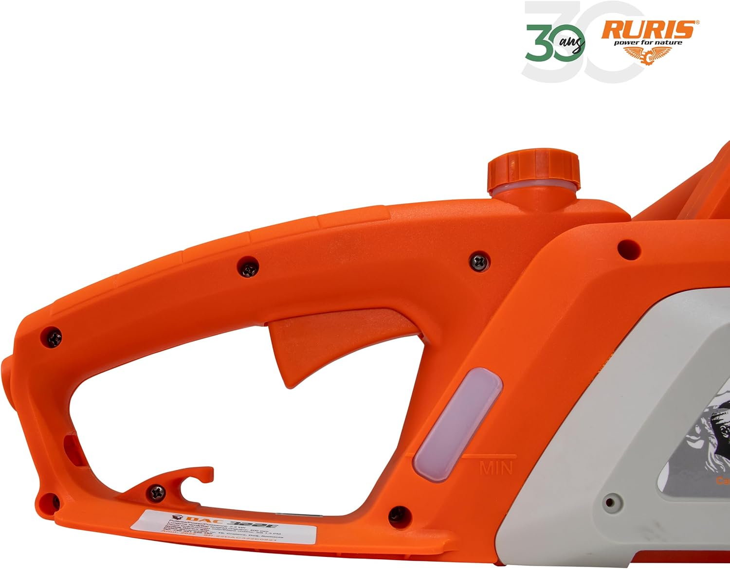 Close-up of main handle and oil level indicator