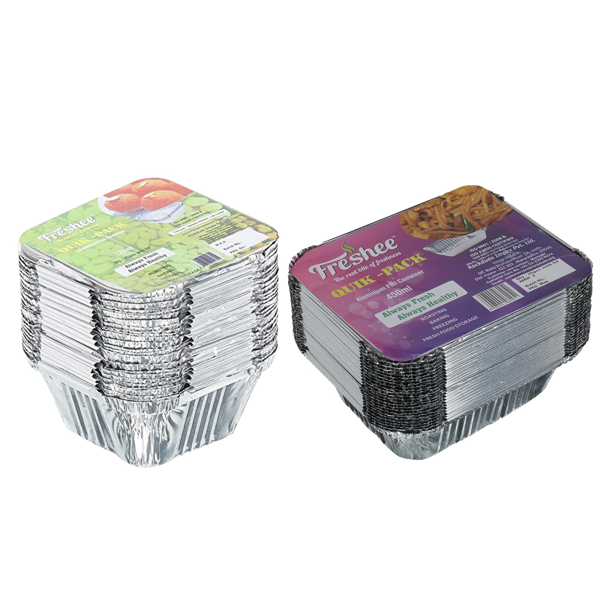 Freshee Aluminium Silver Foil Container 120ml,450ml Food Storage Disposable Containers with Lid for Kitchen 50 Pcs