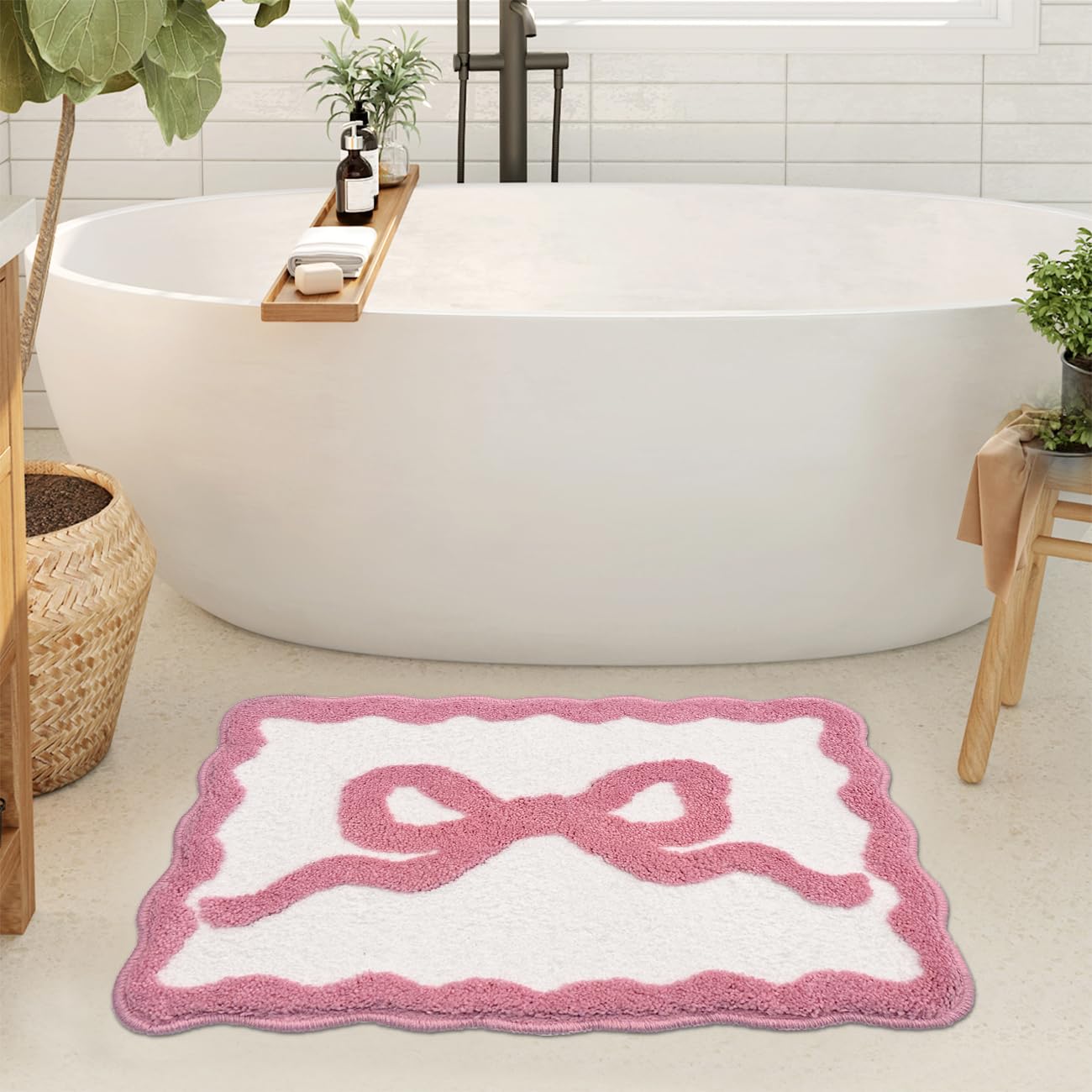 Alfombra de baño festoneada con lazo rosa, extra suave, bonita decoración estética, absorbente de agua, de secado rápido, antideslizante, para baño, bañera, fregadero, ducha, alfombra de suelo