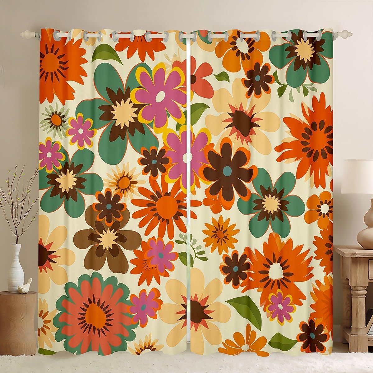 Castle Fairy Retro Flowers Window Curtains Teens Adult Women,Bohemian Curtains for Bedroom,Colorful Floral Draperies for Living Room,70s Hippie Style Window Treatment Curtains Set of 2 Panels