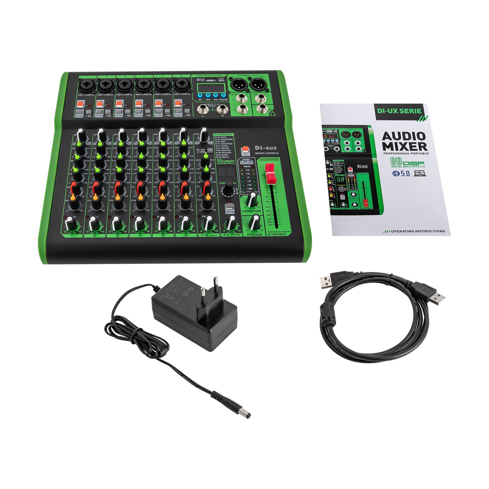 Mixer audio professionale, alimentazione phantom, preamplificatore per microfono, serie DI-4UX, verde, 19,3 x 26 x 4,5 cm
