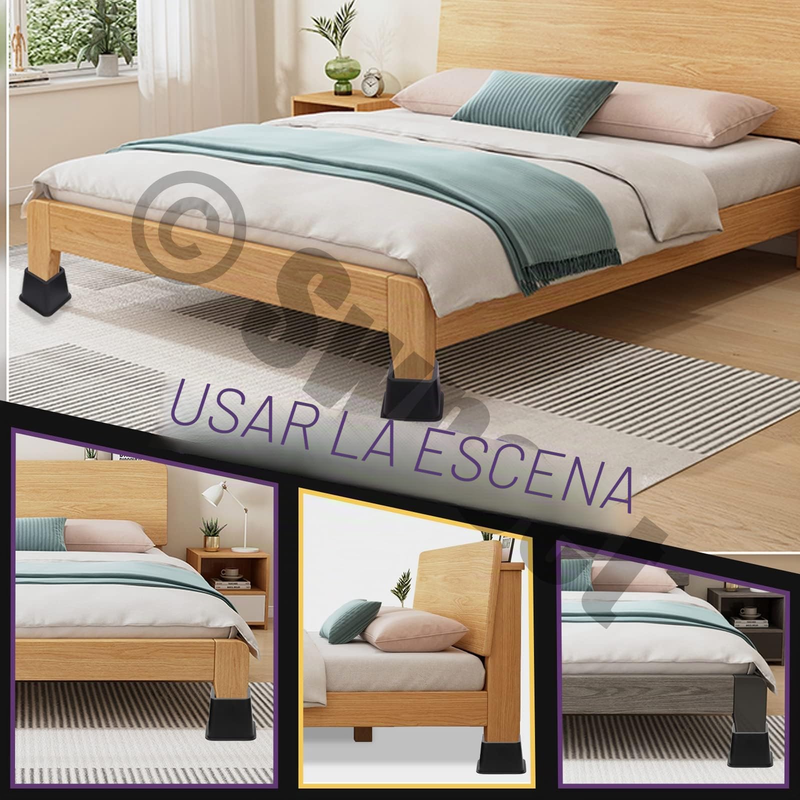 Swpeet 8 elevadores de cama ajustables, elevadores de marco de cama apilables negros, 4 elevadores de altura de cama grandes y 4 pequeños, elevación en alturas de 3, 5 u 8 pulgadas, elevador de