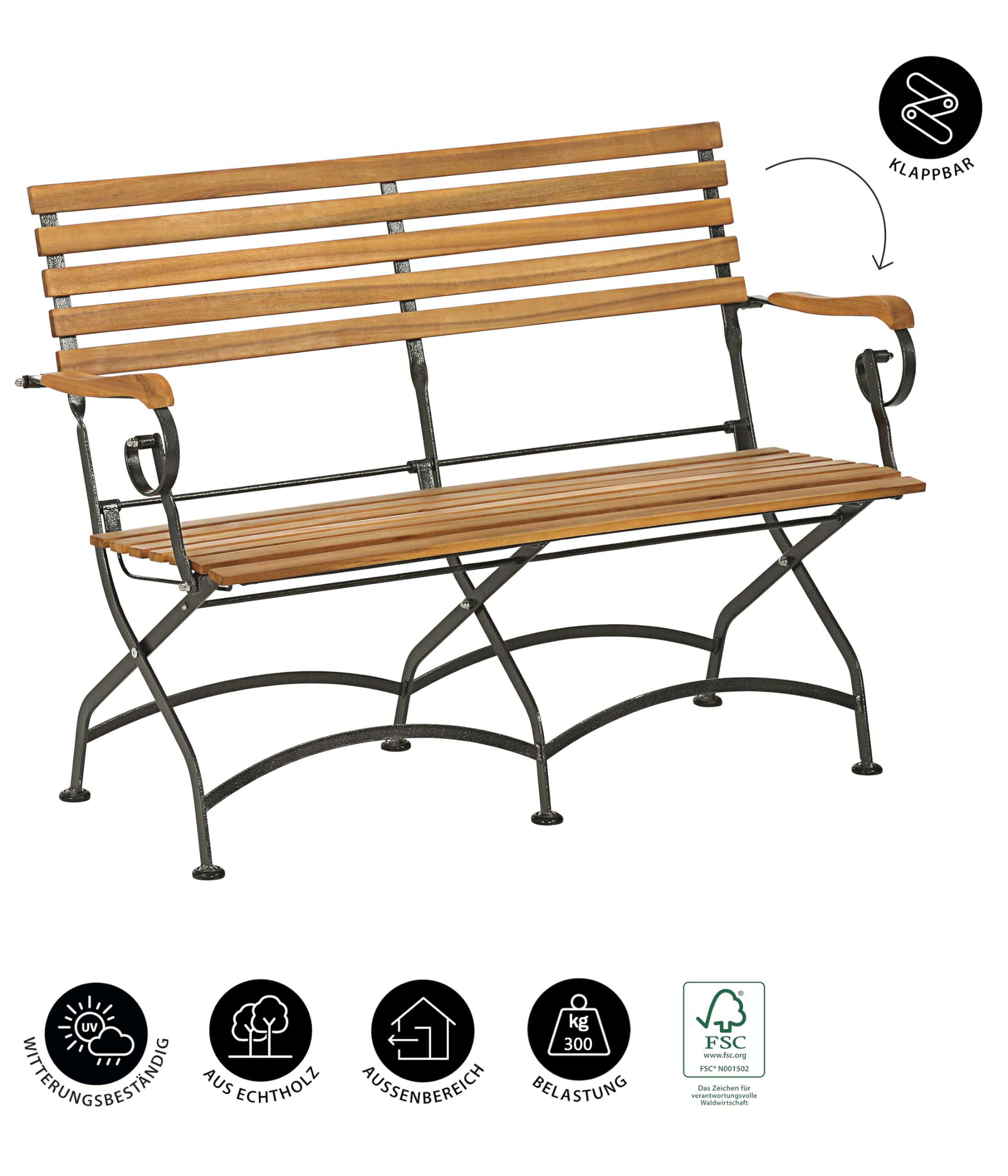 Dehner Klappbank Tegernsee, 2-Sitzer, ca. 124 x 88 x 57 cm, aus FSC® - zertifiziertem Akazienholz/Stahl, Natur | 2-Sitzer, FSC Akazienholz / Stahl