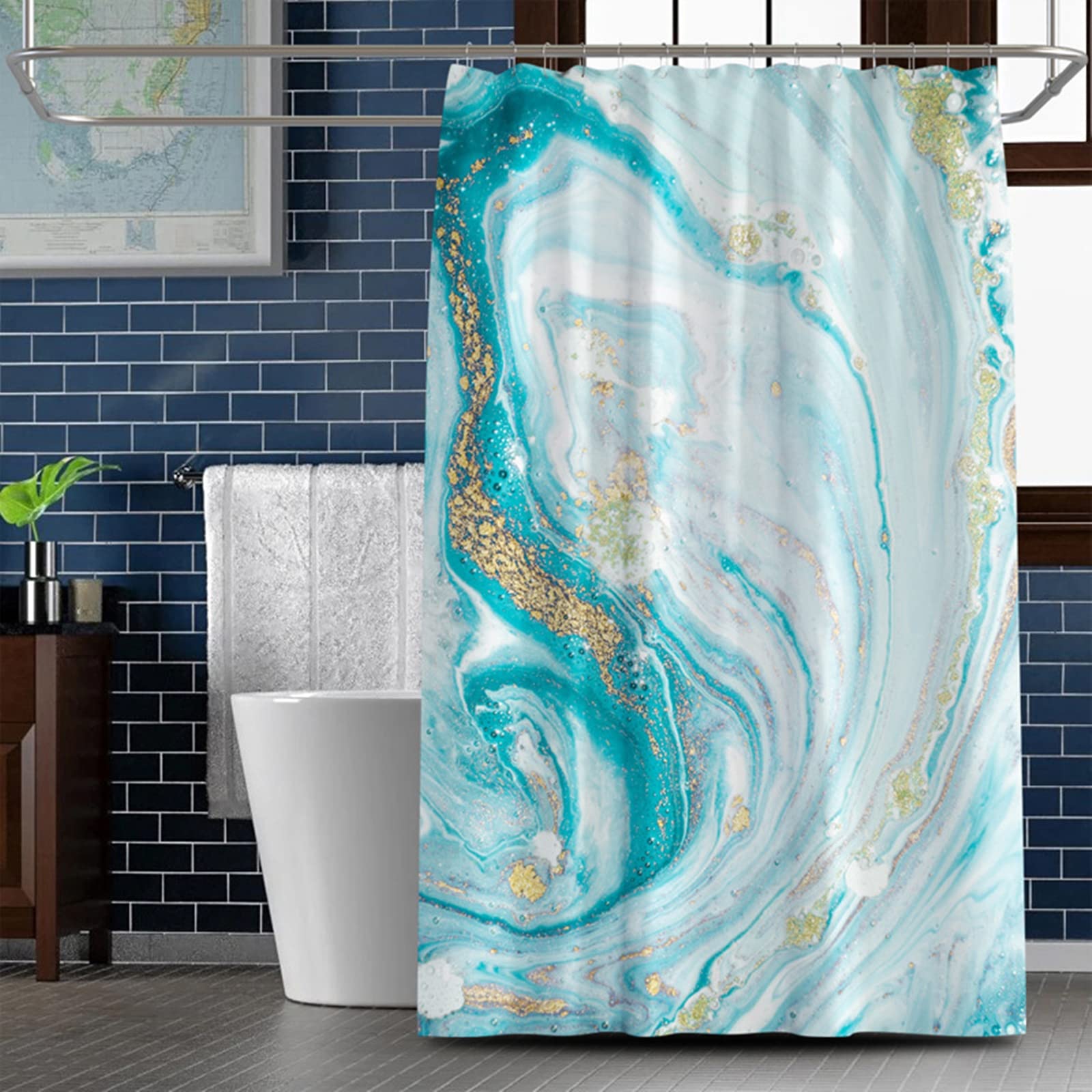 Rideau douche marbre doré bleu KnSam 150x200cm pour salle de bain