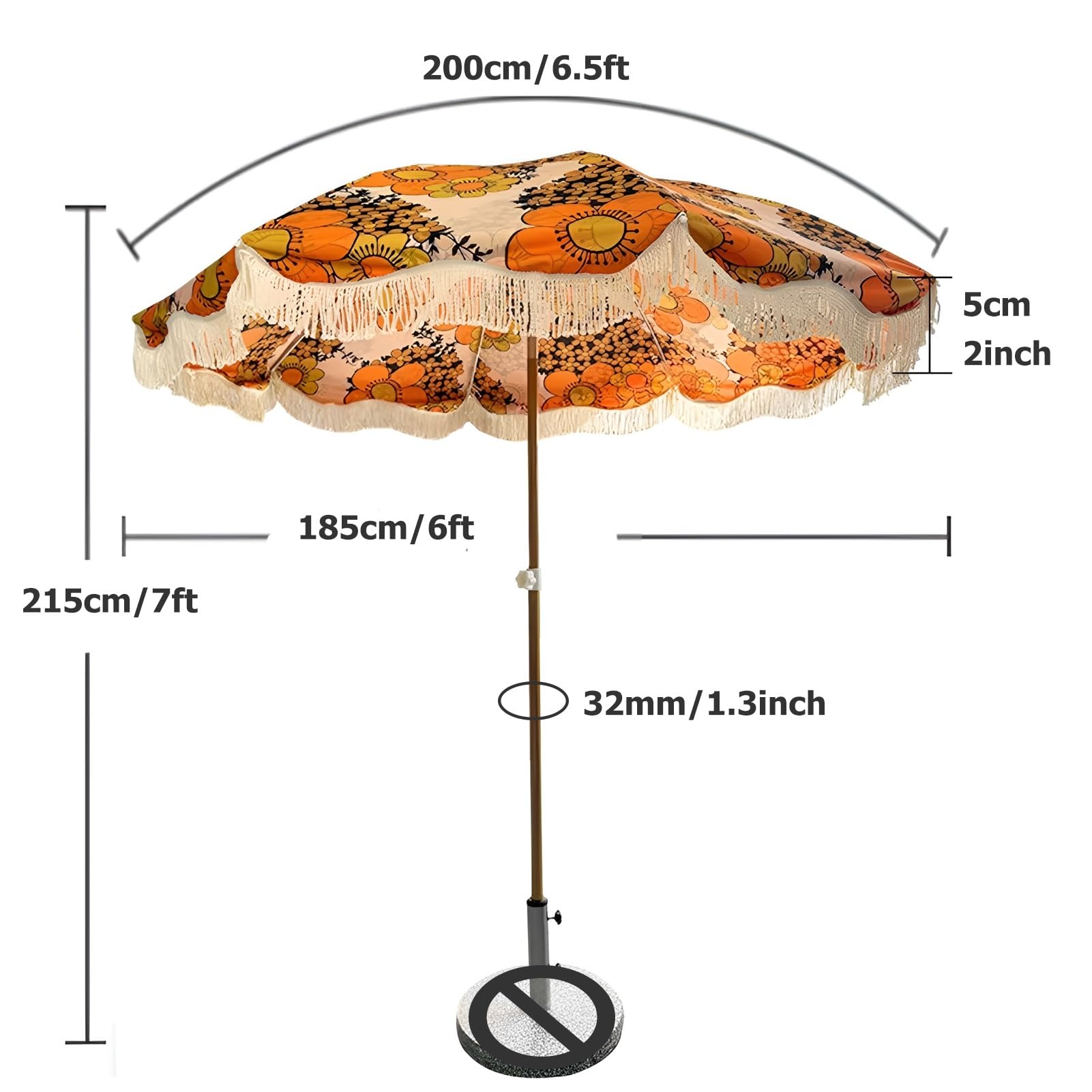 Parasol ogrodowy w stylu boho o średnicy 200 cm z frędzlami, z osłoną o współczynniku UPF 50+ i odpornością na wodę, z nadrukiem