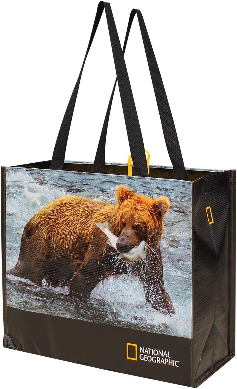 Reusable Grocery Bags Shopping Totes with National Geographic Prints Heavy Duty Made From Recycled Plastic Bottles Laminated Rpet ( Set of 3) (Eagle/Bear/Wolves) : Home & Kitchen