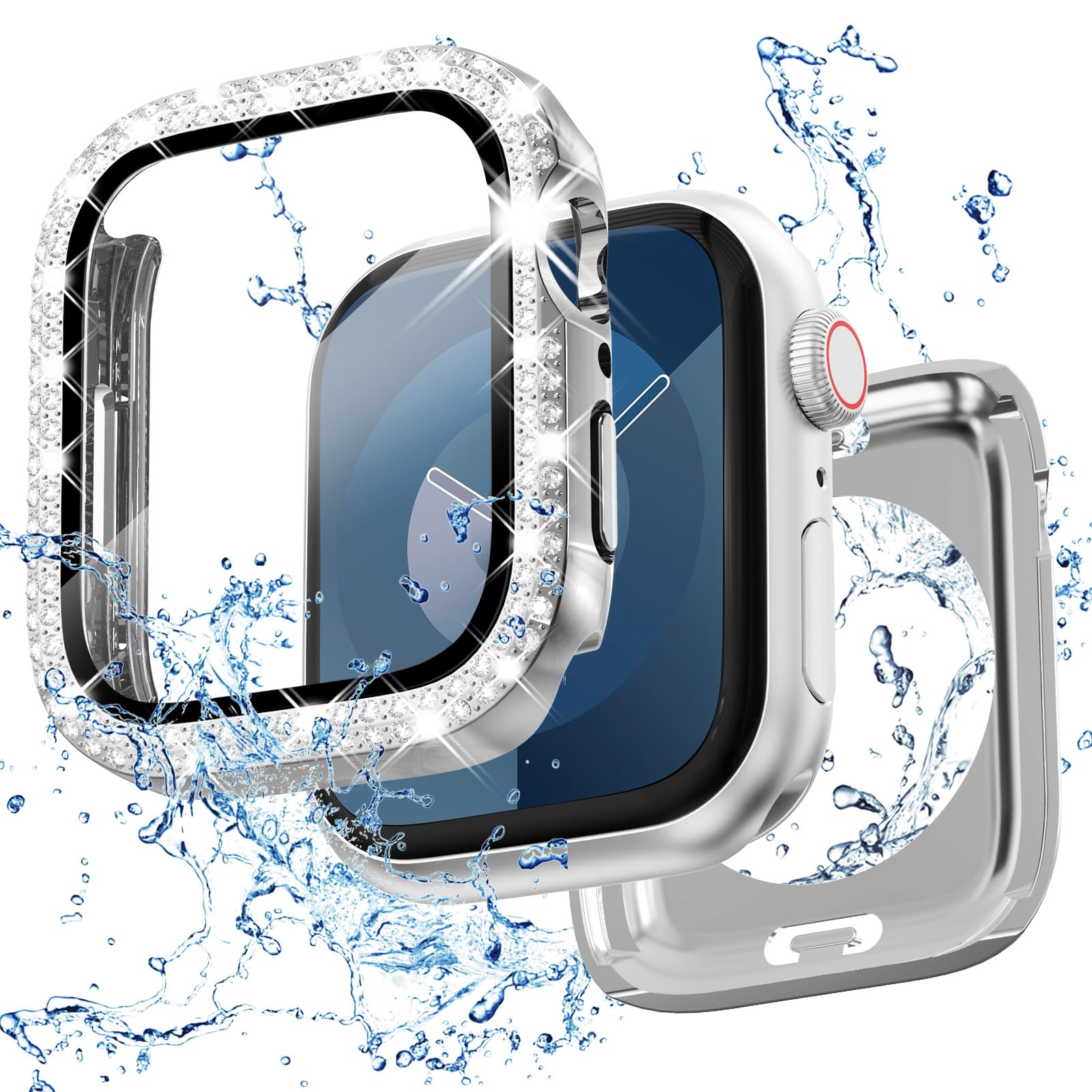 2 in 1 Bling Waterproof Case for iWatch Series 9 8 7 45mm, 360 Protective PC Cover Front & Back Case with Tempered Glass Screen Protector, Double Rows Diamonds Watch Cases for Women, 45mm/Silver