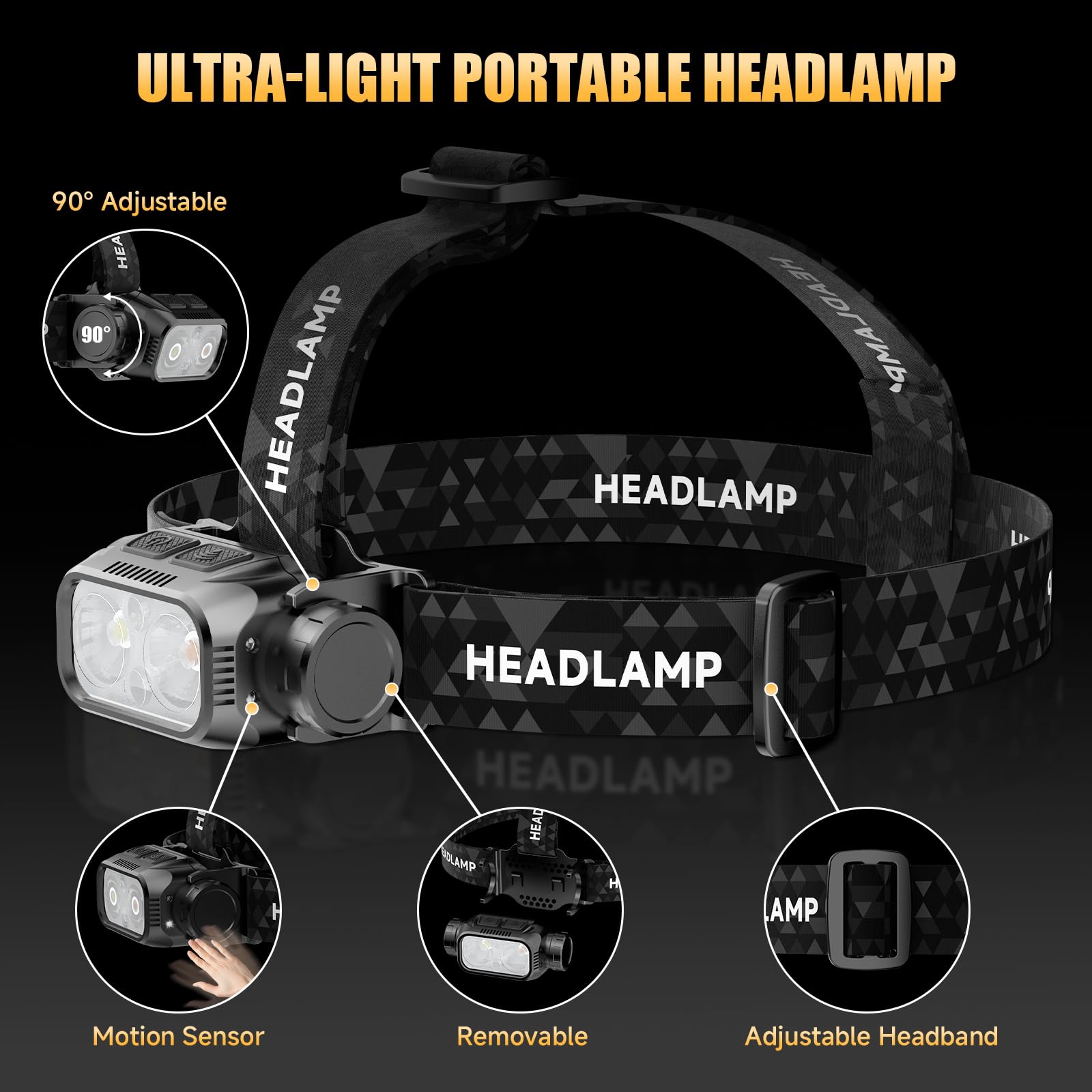 ATDOALL Wiederaufladbare LED-Stirnlampe, 6 Stück, hohe Lumen, superhelle Stirnlampe mit rotem Licht, Bewegungssensor, 5 Modi, 90° verstellbar, wasserdicht, leicht, Stirnlampen für Erwachsene, Laufen