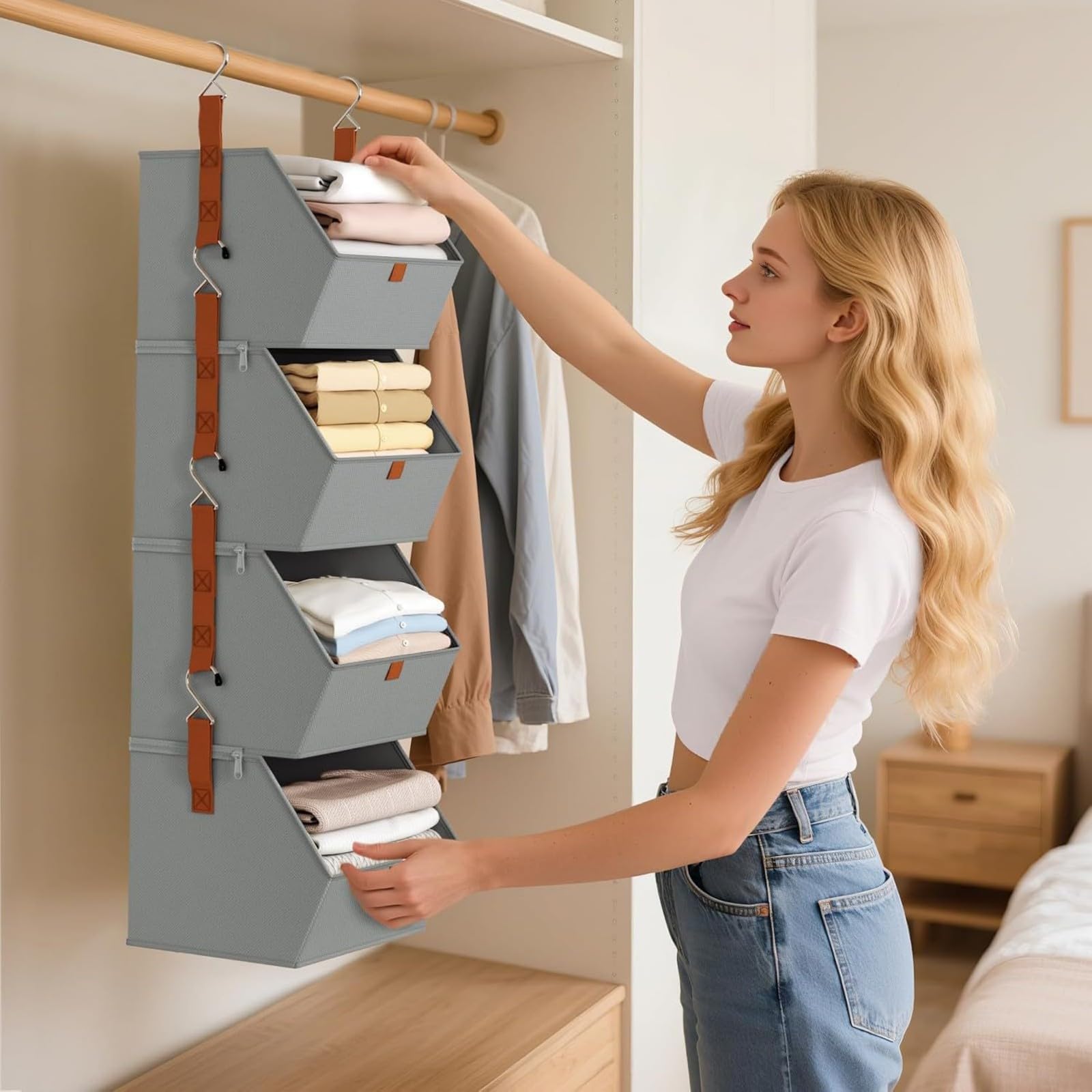 Hängeorganizer Kleiderschrank mit 4 Fächern – Faltbare Hängeaufbewahrung aus Stoff, Abnehmbarer Schrank Organizer mit Metallhaken, Hängeregal für Kleidung, Taschen & Spielzeug (bai)