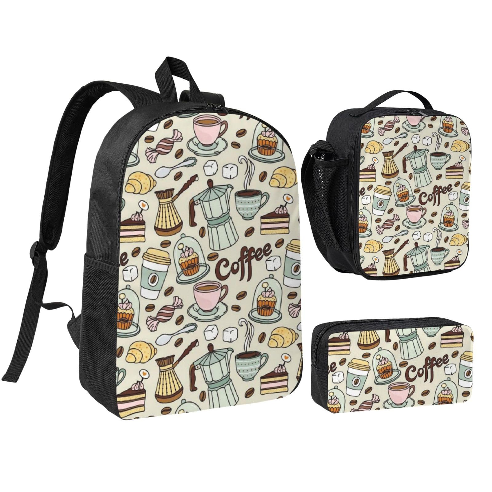 Kawa i słodycze cukier czekolada z nadrukiem 43 cm torba szkolna torba na długopis torba na lunch zestaw, Czarny, Jeden rozmiar, Etui na monety