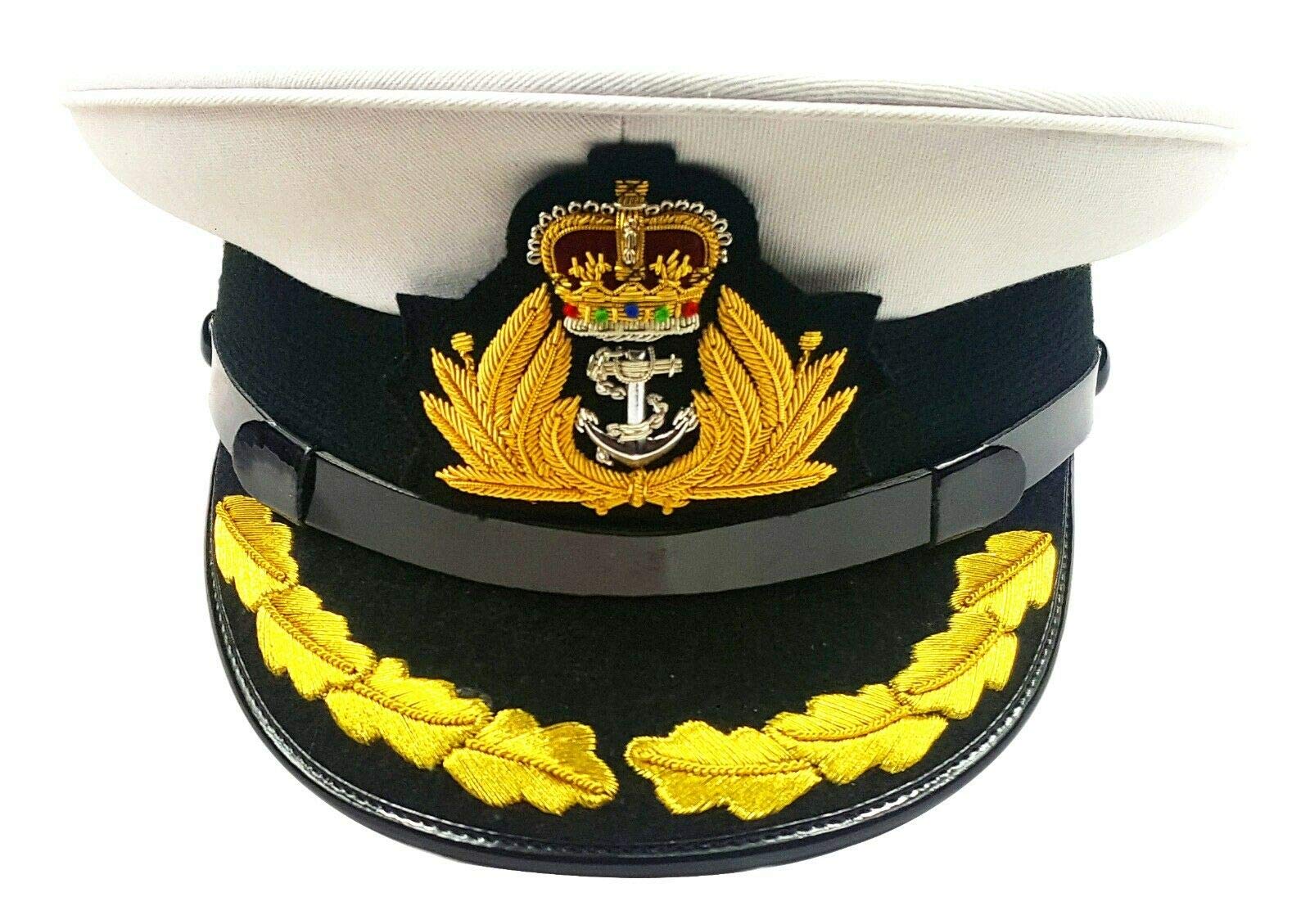 handembroideryuk Royal Navy Officer HAT, Naval Captain Peak Cap, R N Commanders Cap Bullion Badge