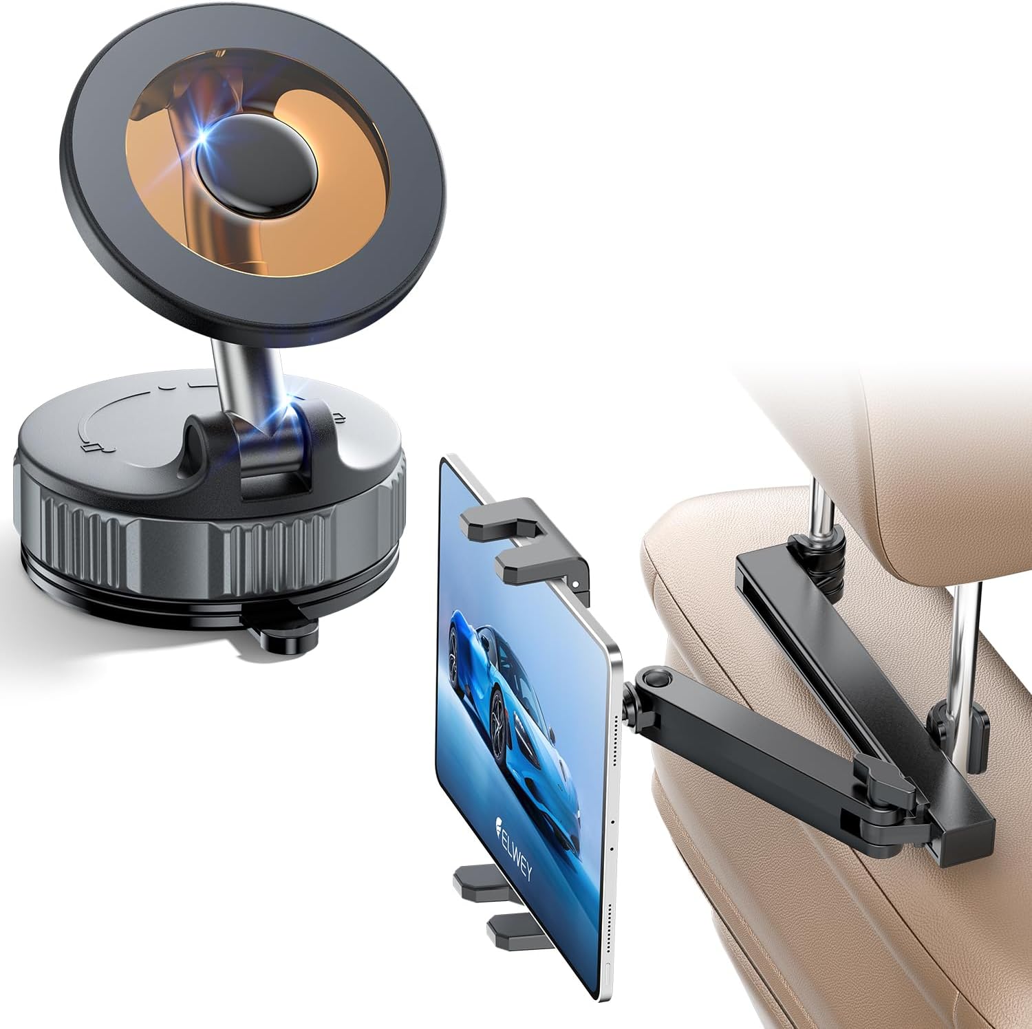 ELWEY Tablet Holder for Car Back Seat & 2026 Upgraded Vacuum Magnetic Phone Holders for Your Car