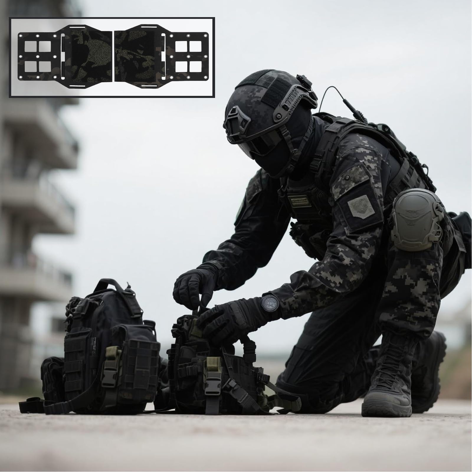 Camouflage MOLLE Expander Wing, Taktische Kummerbund-Verlängerung mit Klettverschluss für Plattenträger, Weste-Erweiterungspanel(Black CP)
