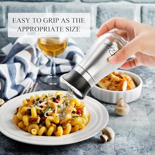 Vista 5 de Tebery Juego de 2 saleros y pimenteros clásicos plateados, dispensador de especias de acero inoxidable y vidrio, 4 onzas, diseño recargable Plata-2