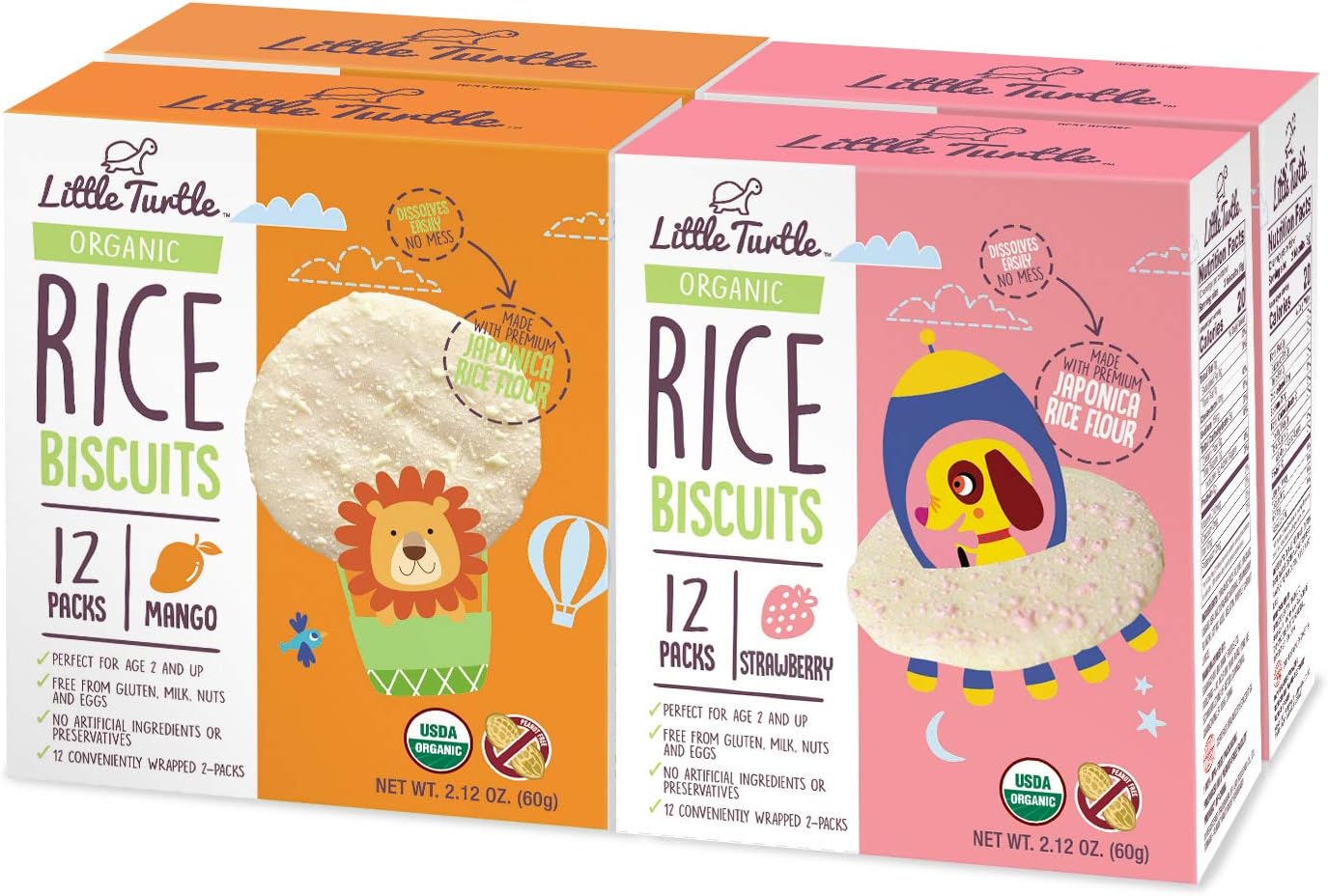 Little Turtle Rice Biscuits Combo Pack, Organic Mango & Strawberry Flavor, 12 wrapped 2 Pack, 4 Count
