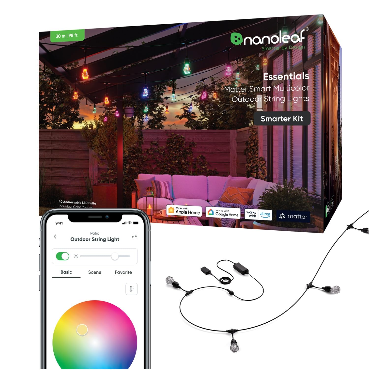 nanoleaf Matter Essentials, łańcuch świetlny zewnętrzny zestaw startowy 30 M LED RGBICW - Światła LED 16 M kolorów, IP65, wodoodporny, 40 inteligentnych żarówek LED, WiFi Bluetooth Matter, do ogrodu