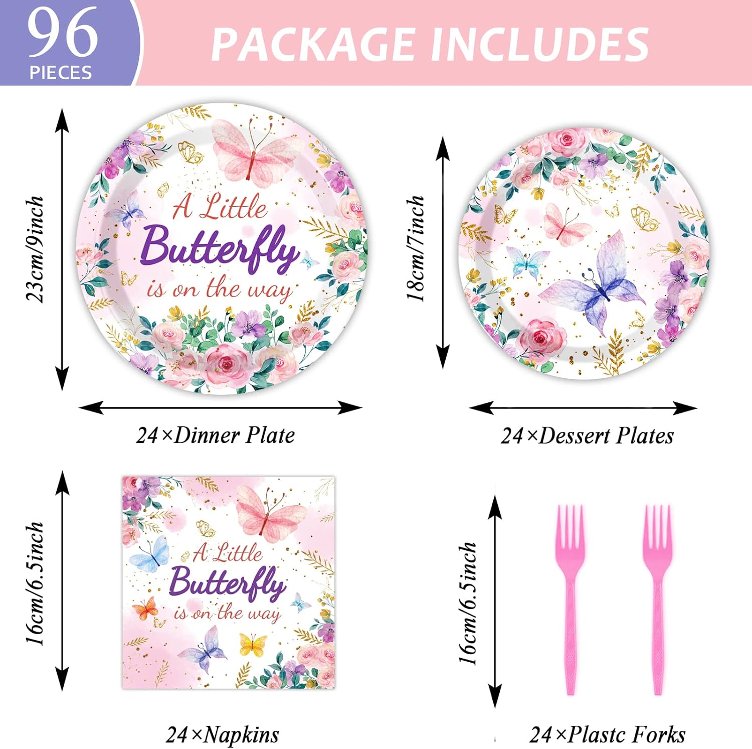 Butterfly Baby Shower Party Plates Napkins Tablecloth Supplies for 24 Guests,A Little Butterfly is On The Way Baby Girl Party Disposable Tableware Tablecover Set for Princess Shower, Total 98 Pcs