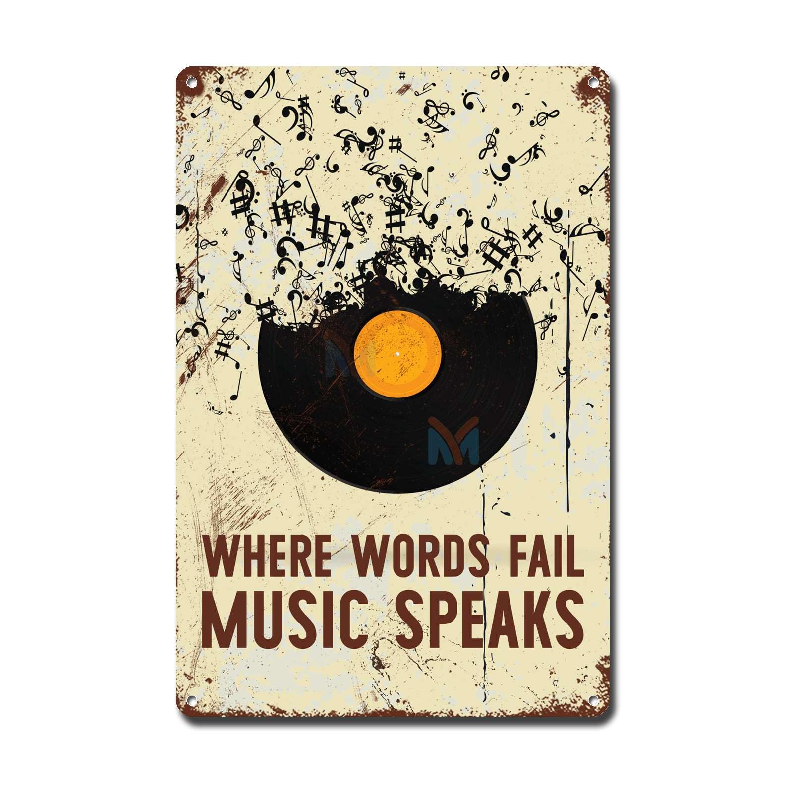 Ymyoo Metal Sign Tin Sign Vintage Wall Art Music Black Film Where Words Fail Music Speaks Minimalist Wall Art for Gift 8x12inches