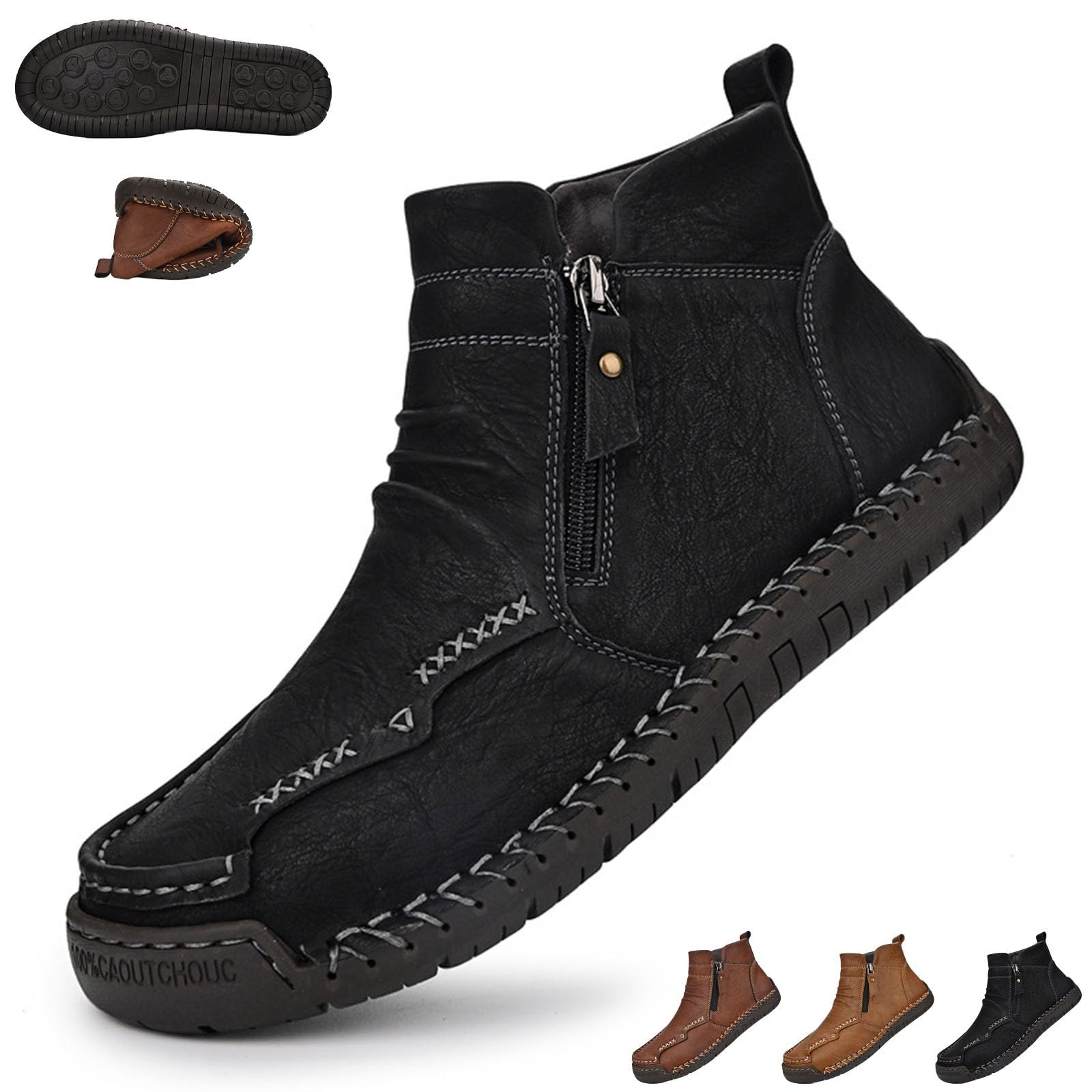 Pumio Chaussures de randonnée en Cuir Faites à la Main for Hommes | Fermeture éclair latérale, doublure polaire chaude, semelle en caoutchouc flexible, for la conduite(Black,37EU)