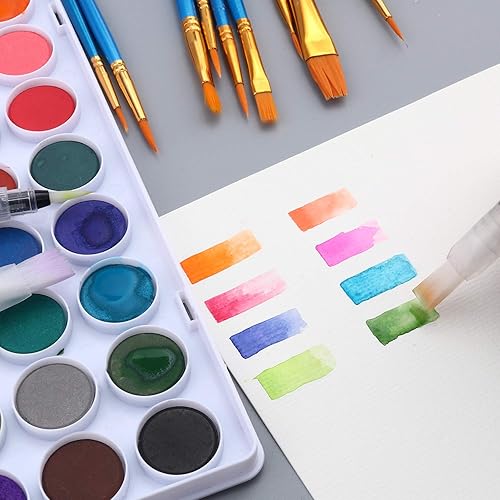 Vista 4 de AROIC Juego de pintura de acuarela de 36 colores, juego de sartén de acuarela con 10 pinceles de nailon y 6 cepillos de agua recargables. Perfecto