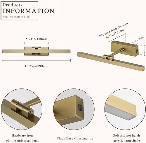 Miniatura 6 de Joosenhouse Luz de galería inalámbrica a pilas con control remoto, luces de pared recargables de latón de 15.35 pulgadas, regulables y apagadas