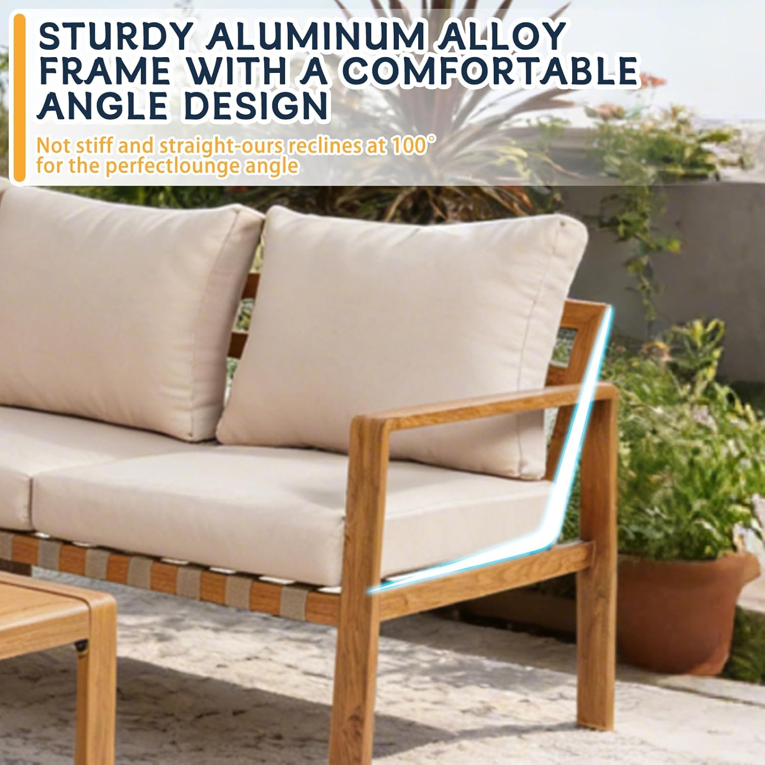 4-Piece Outdoor Patio Furniture Set, All-Aluminum Frame with Wood Grain Finish, Cushioned Loveseat, 2 Armchairs & Plastic Wood Coffee Table, Modern Patio Seating for Backyard & Balcony
