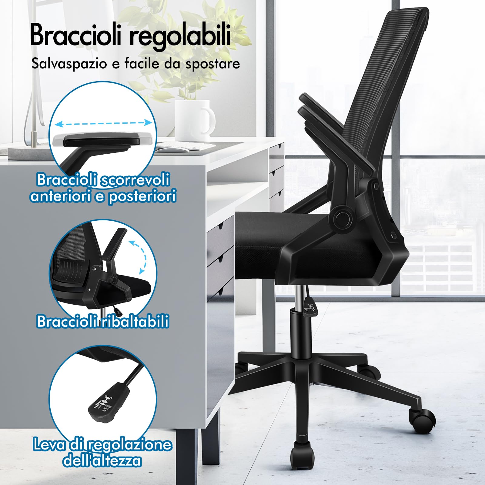 ALFORDSON Sedia Ufficio con Braccioli Pieghevoli de Case Nera | Poltrona Scrivania Girevoli in Rete Serie CONRAD, Funzione di Inclinazione, Portata 150 kg, Altezza regolabile