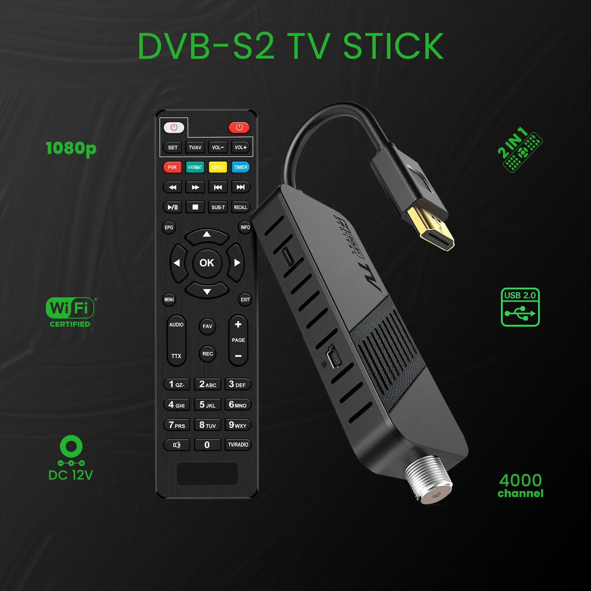 LEYF Ricevitore satellitare DVB-S2 Full HD 1080P HDMI TV Stick nascosto dietro TV display digitale H265 HEVC Main 10 bit telecomando universale 2 in 1 USB