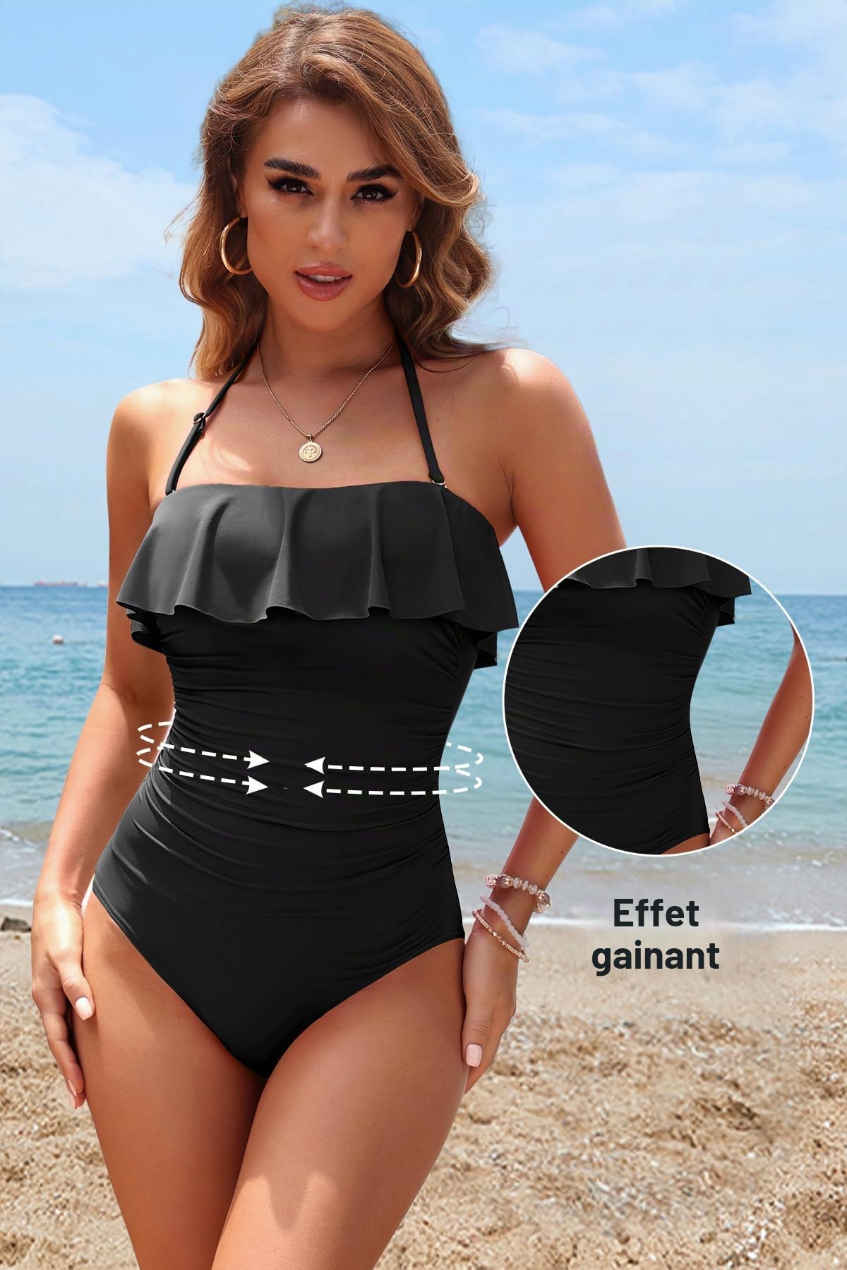 Holipick Maillot de bain une pièce sans bretelles pour femme - Gainant - Bandeau à volants - Maillot de bain amincissant