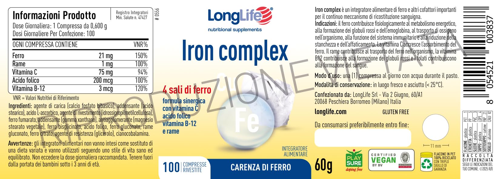 LongLife® Iron complex | 4 sali di ferro ad alta biodisponibilità | Con vitamina C e B12, acido folico e rame | Oltre 3 mesi di trattamento | Ricarica e riduzione stanchezza | Vegano e senza glutine