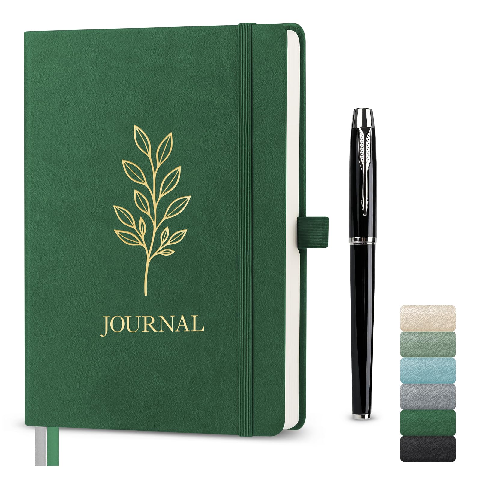 Traimber-seven A5 Lined Journal Notebook, Hardcover Vegan Leather Notebook with Gold Olive Leaf Embossing, 192 Pages 100gsm FSC Paper, Elastic Closure & Pen Holder (Forest Green)