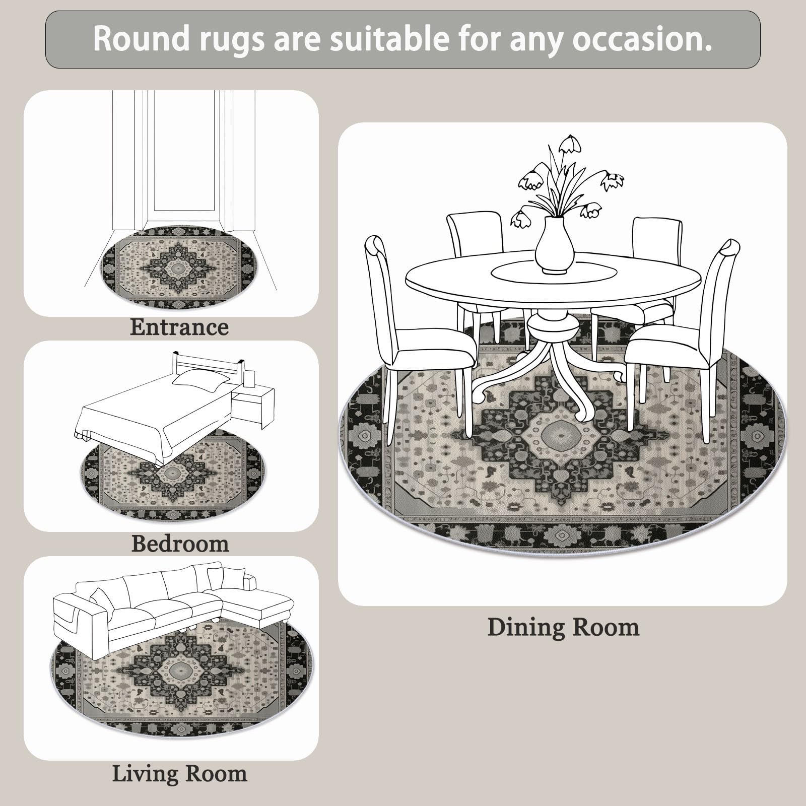 Tappeto rotondo soggiorno 100 cm (Round) soffice morbido Motivo in stile persiano retrò antiscivolo lavabile in lavatrice Tappeto, per camera da letto bagno corridoio Cucina Nero Beige