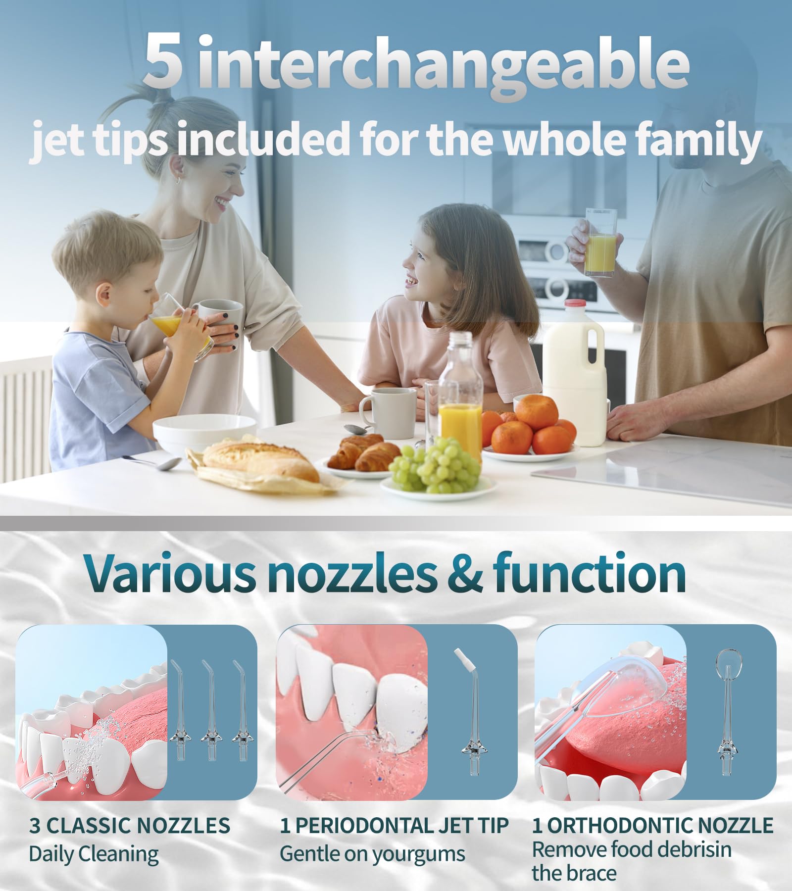 Irrigador dental de agua inalámbrico para dientes, 350 ml, 4 modos, irrigador oral portátil con 4 puntas de chorro, irrigador bucal recargable, IPX7, impermeable para viajes en casa