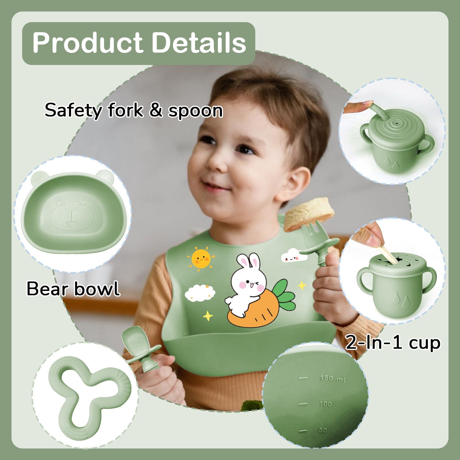 Coffret Repas Bébé 11 pièces Silicone Antidérapant avec Ventouse Assiette Bol Fourche Cuillère Bavoir Tasse Sans BPA Vert foncé