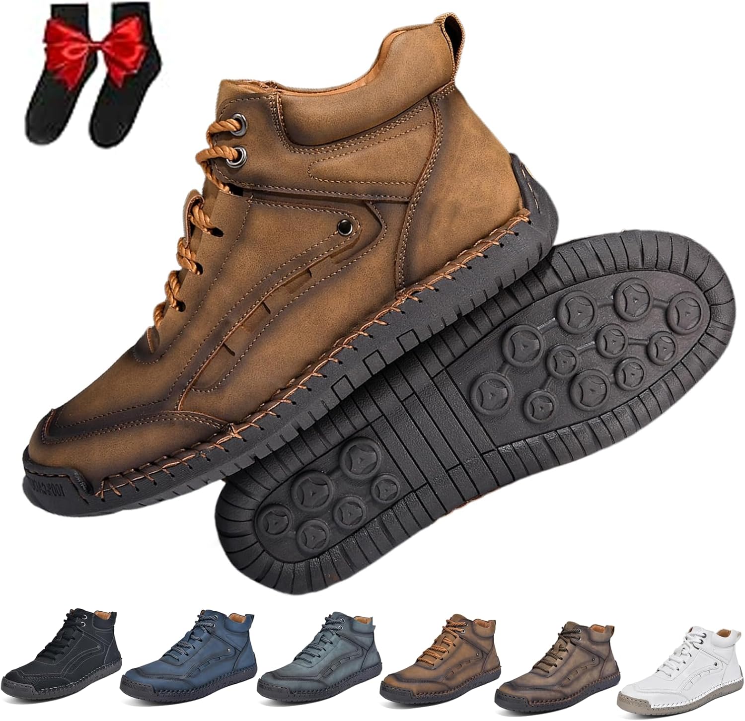 Men's Comfortable Handmade Wide-Fit Leather Shoes Breathable Waterproof, Arch Support, Anti-Slip Outdoor Hiking Shoes Lace Up Handmade Ankle Chukka Boots Walking Driving Sneakers