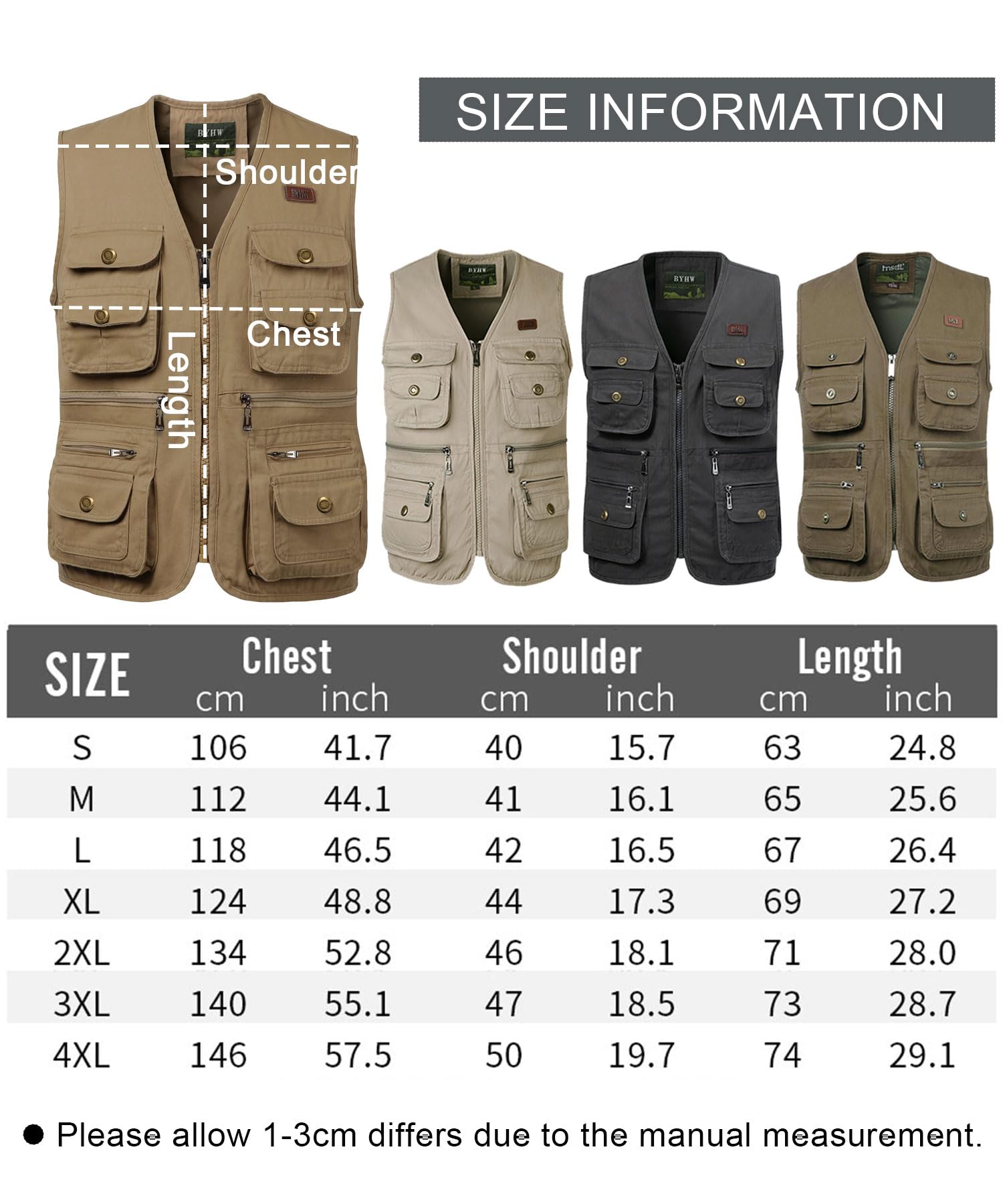 Gilets de Pêche pour Hommes Gilet de Travail Safari Gilet Photographie de Sport Multi-poches Gilet Veste Sans Manches de Voyage