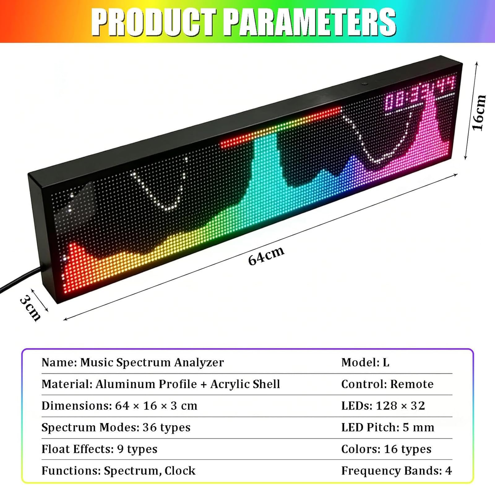 Visualizzatore di spettro musicale a LED con sensore vocale e orologio, display 128 x 32, 36 stili, 4 gamme di frequenza, 16 colori RGB - perfetto per musicisti e appassionati di audio