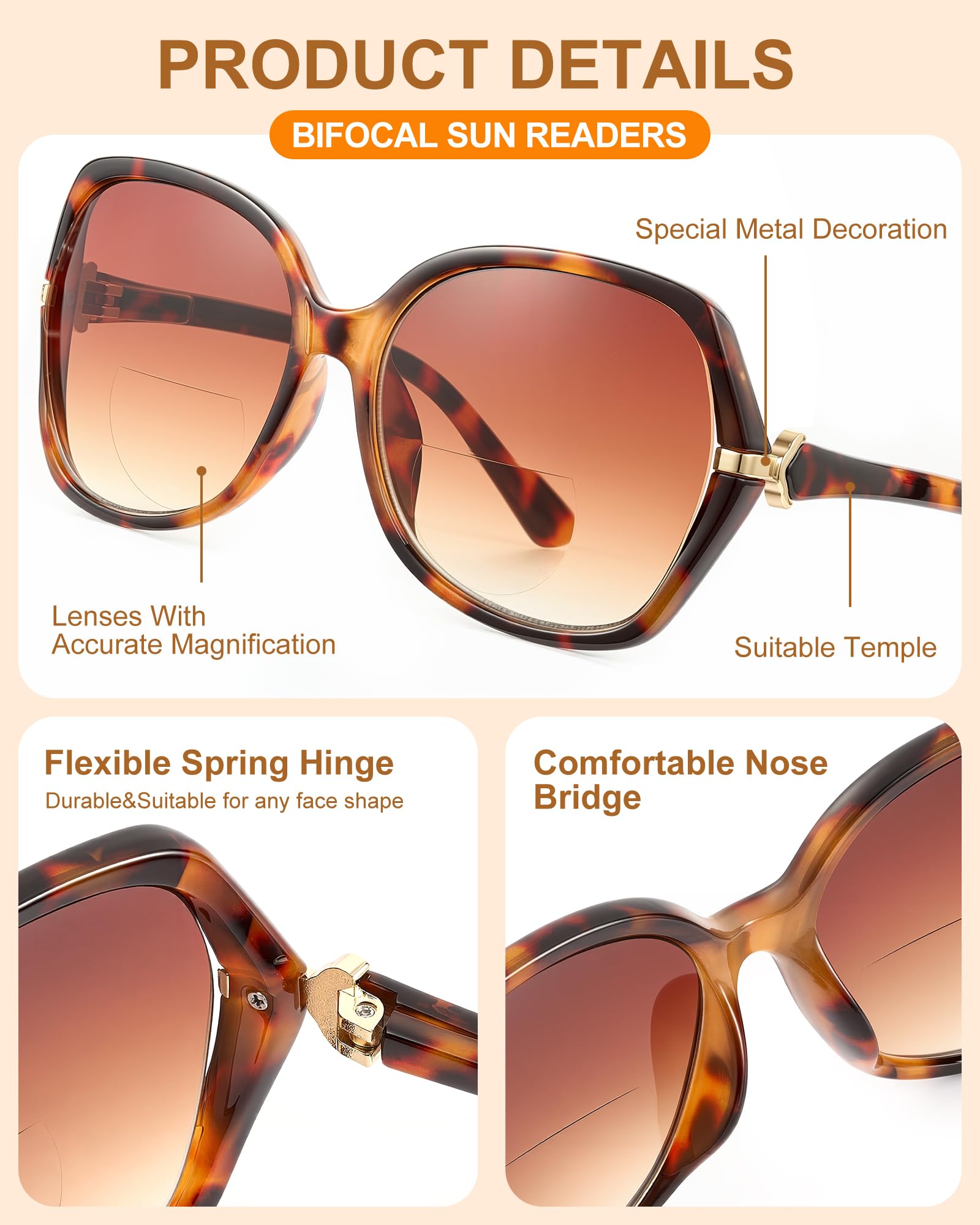 JM Bifocal Reading Sunglasses for Women, Fashion Oversized Sun Readers UV400 Protection Spring Hinges - 4
