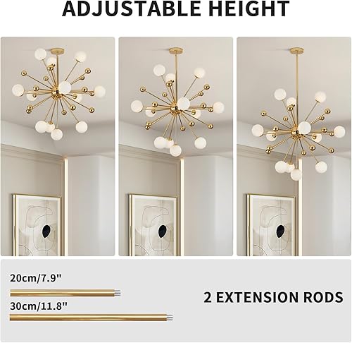 Miniatura 17 de KCO Lighting - Lámpara de araña moderna Sputnik con globo dorado, 18 luces, bola de vidrio de leche, iluminación colgante redonda, lámpara