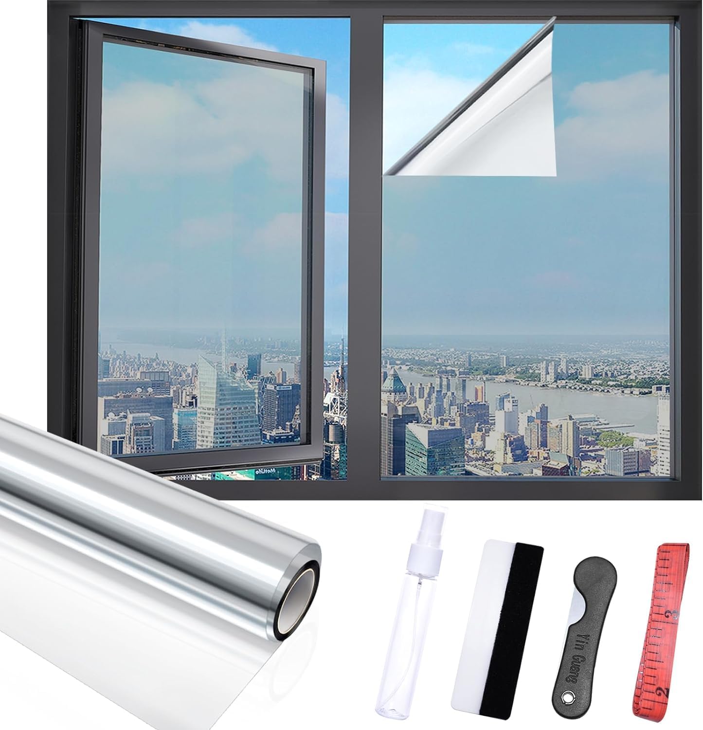 Window Privacy Film with Free Installation Tools, One Way Daytime Window Privacy Film Static Cling Reflective Heat Control Window Tint for Home Office (CY-Silver, 35.4 Inch X 13.1 Feet) Cy-silver 35.4 Inch X 13.1 Feet