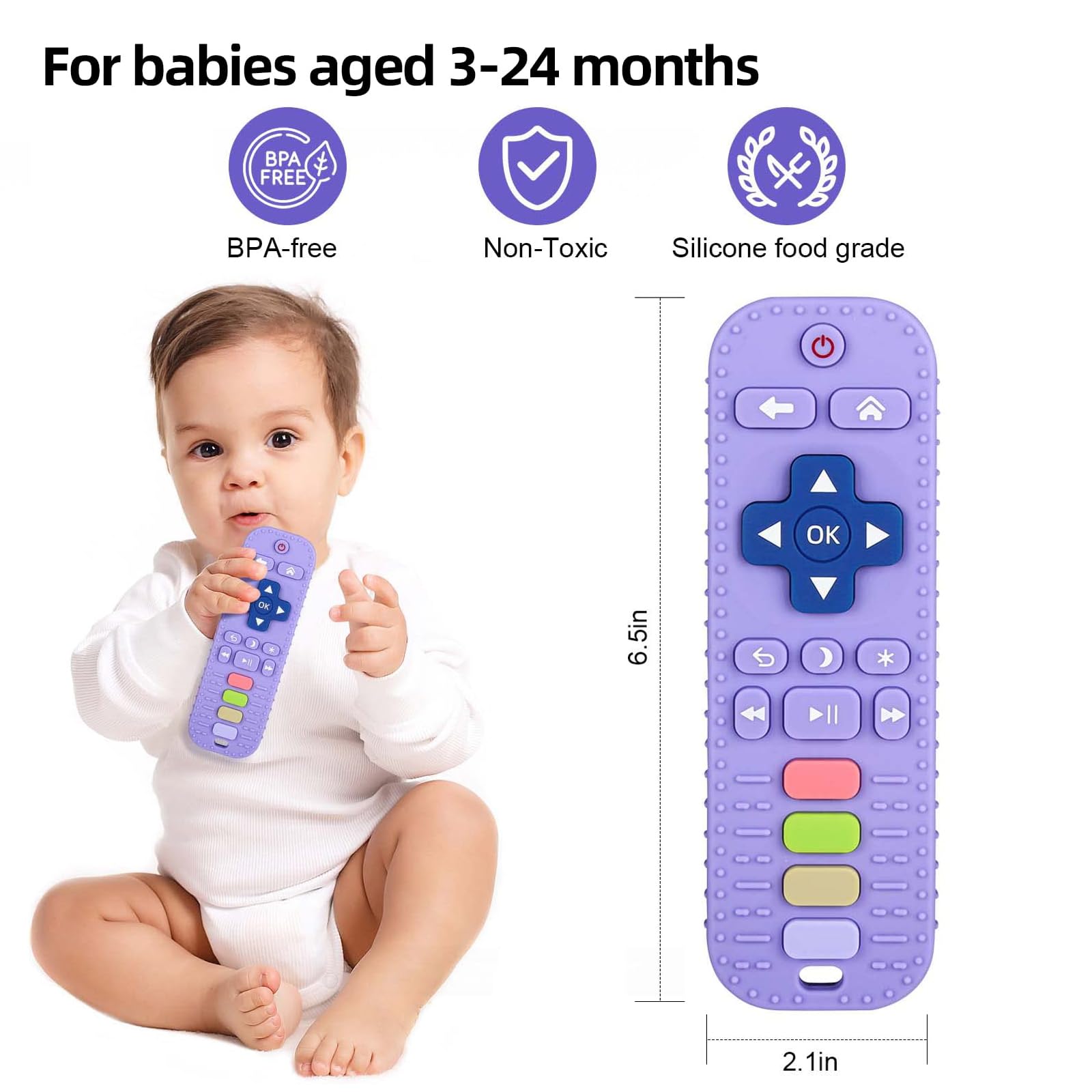 WUJUN Baby Teether Toy Chew Toy for Babies 3-24 Months TV Remote Control Shape Teething Relief Baby Toys for Infants (Purple) - Image 2