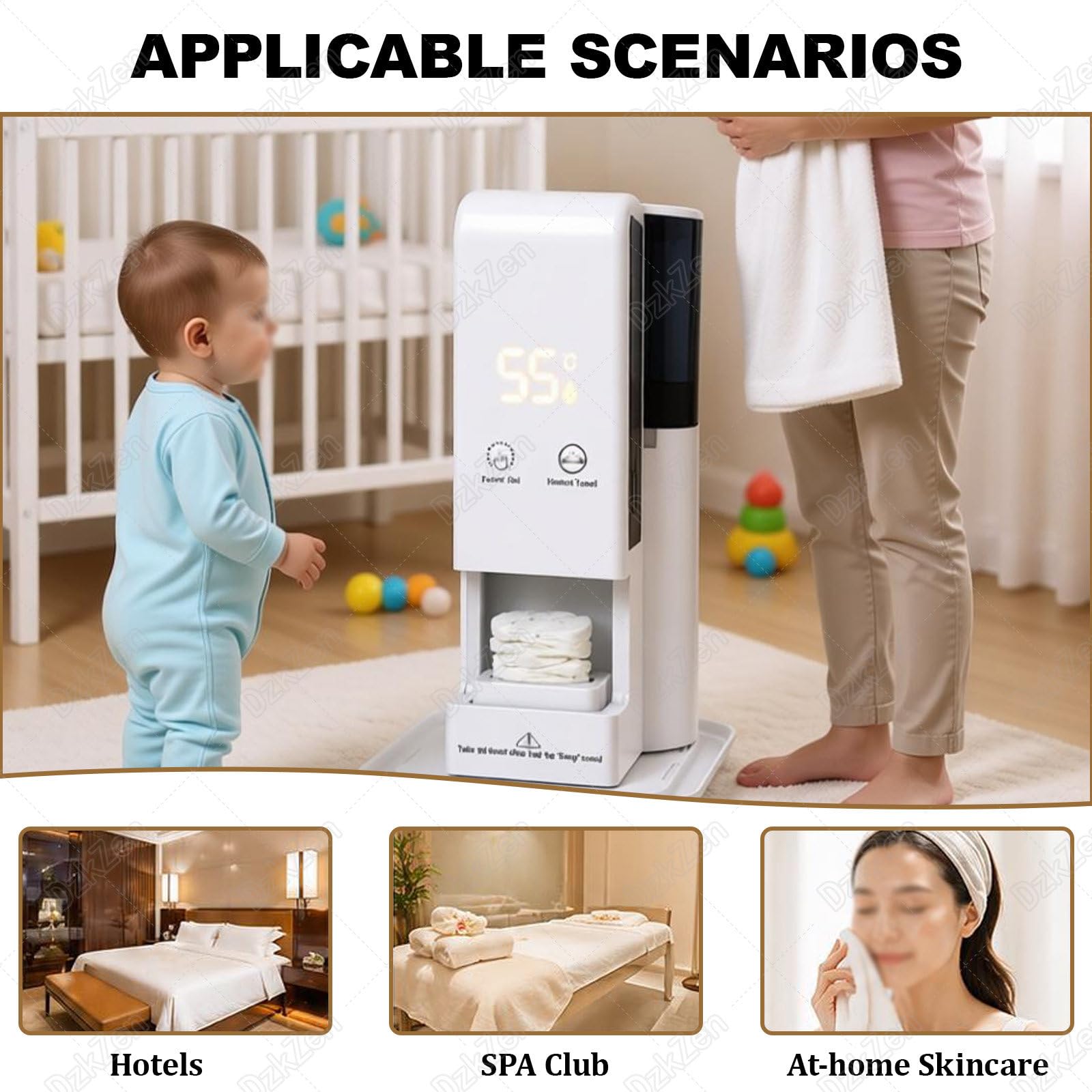 Dispensador automático de toallas calientes, calentamiento rápido de 5 segundos, temperatura constante de 55 °C, alertas de voz inteligentes para spa, hogar, gimnasio, salón y tienda de mascotas, 60
