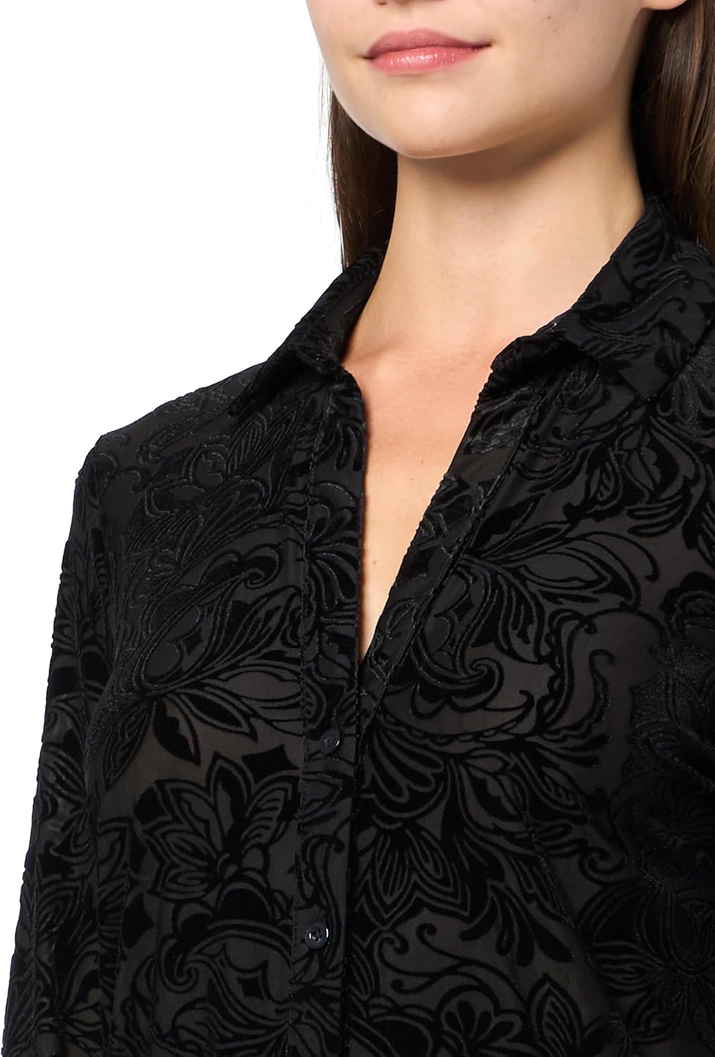 H Halston Womens Black Velvet Textured Button Up