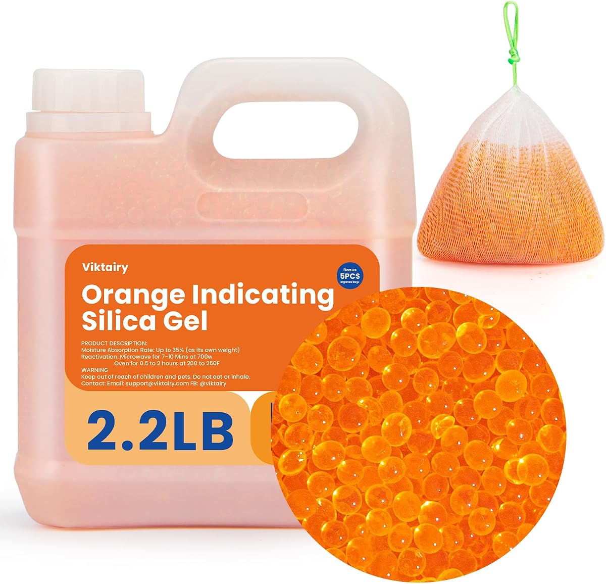 Perlas desecantes de gel de sílice naranja de 2,2 libras, reutilizables e indicadoras de color | Desecante premium a granel, perlas de sílice estándar de la industria de 3 a 5 mm para filamento 3D, cámara, joyería, caja fuerte (bolsa de organza de 5 piezas)