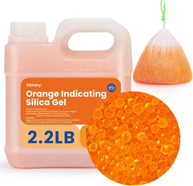 Perlas desecantes de gel de sílice naranja de 2,2 libras, reutilizables e indicadoras de color | Desecante premium a granel, perlas de sílice estándar de la industria de 3 a 5 mm para filamento 3D, cámara, joyería, caja fuerte (bolsa de organza de 5 piezas)