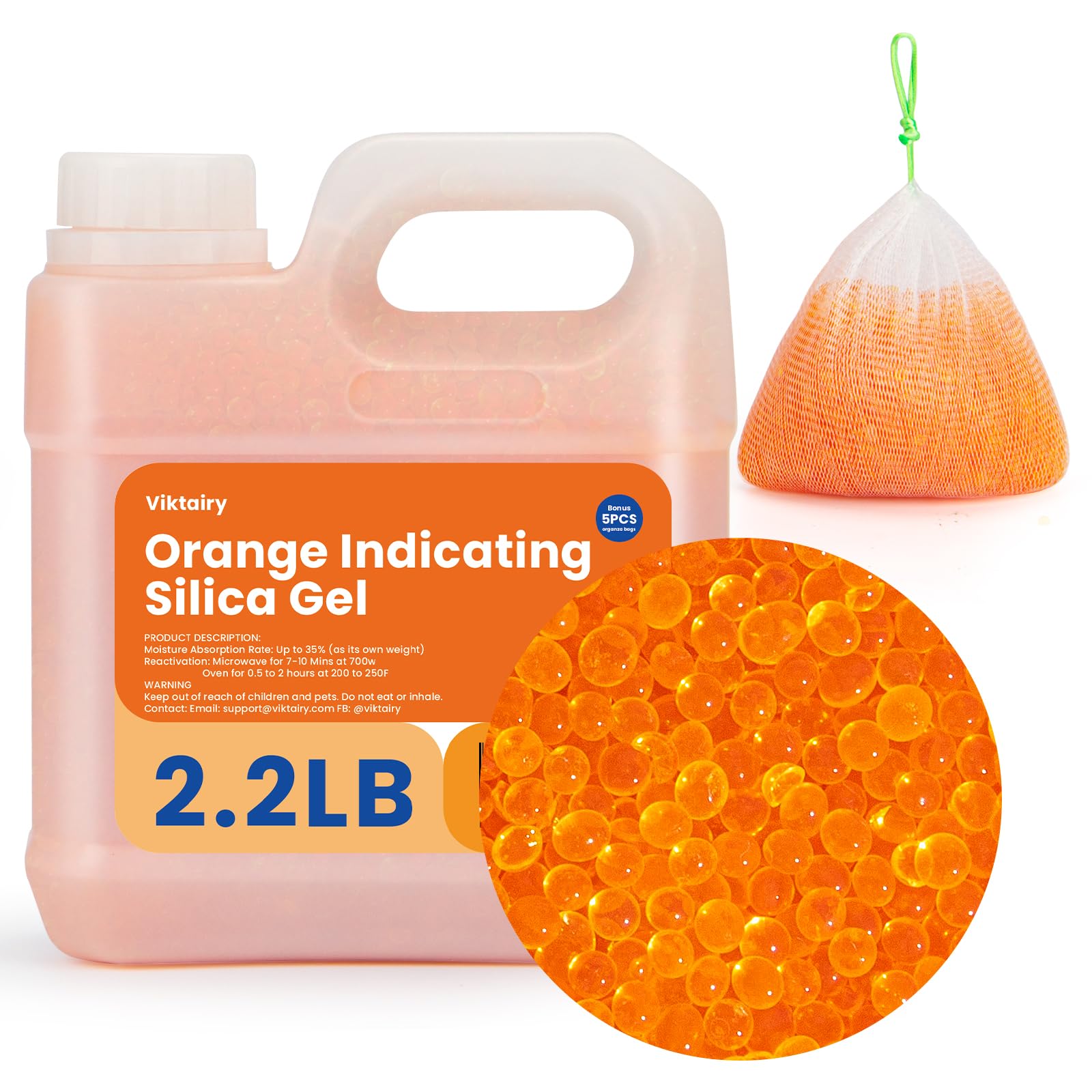 Viktairy 2.2 LBS Orange Indicating Reusable Silica Gel Beads