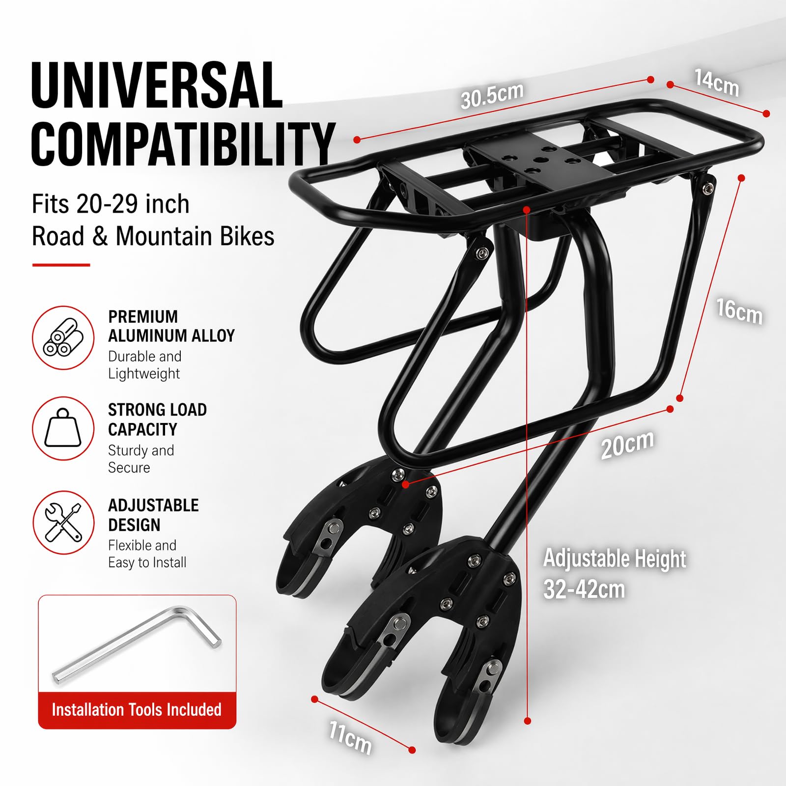 Set Portapacchi Bici Posteriore Universale In Lega Di Alluminio | Portapacchi Bici Posteriore 20-29 Pollici Portata Minima 50 Kg Portapacchi Posteriore Per Mtb Bici Da Strada Ebike
