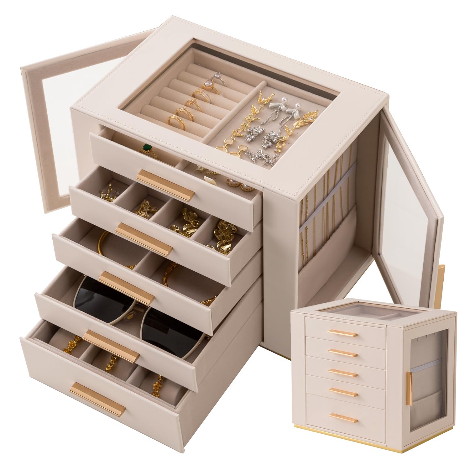Granbest 5-stöckiger Schmuckkasten mit Glasdeckel, Hochkapazitäts Schmuckorganiser mit Schubladen & Spiegel, PU-Leder Schmuckkästchen für Halsketten, Ohrringe, Ringe, Armbänder (Beige)