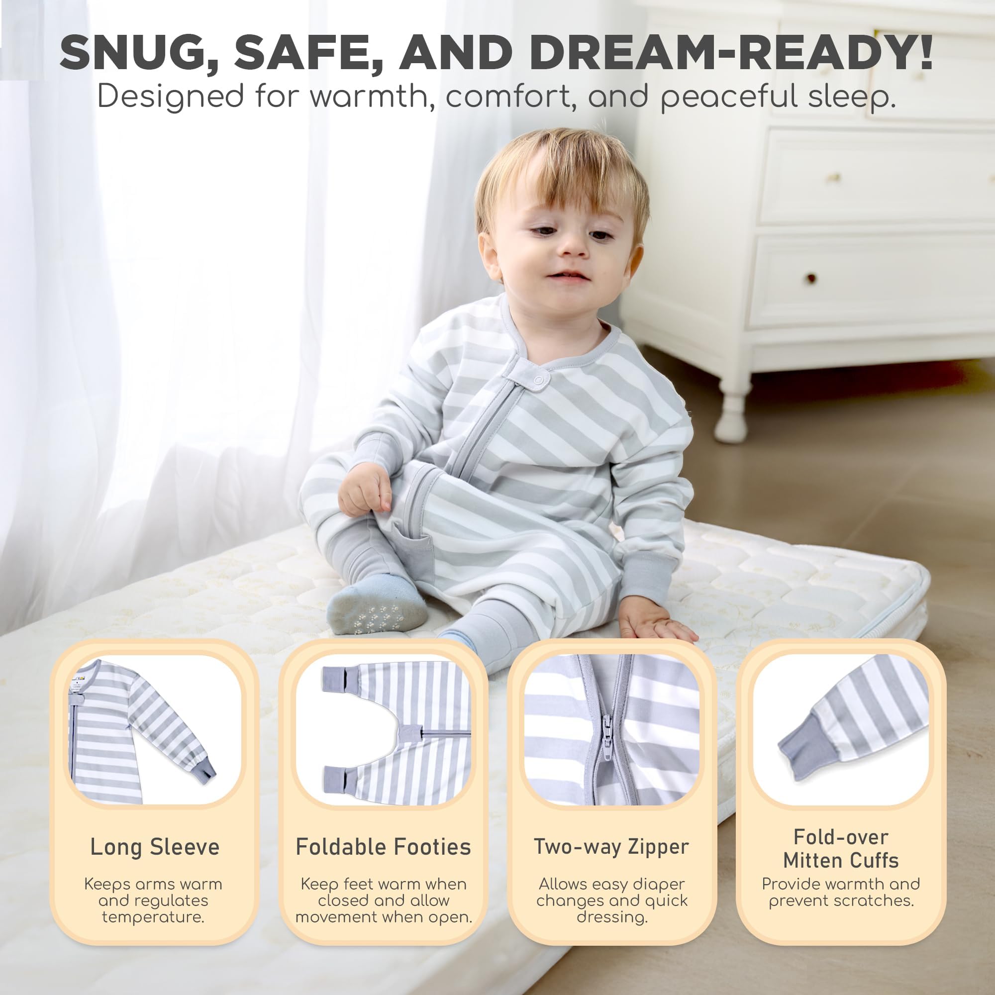 Mama Cheetah Sacco nanna per bambini con piedi, maniche lunghe, 1,0 Tog, 100% cotone biologico, sacco nanna con gambe, coperta indossabile per escursionisti, con cerniera a 2 vie, coperta per bambini