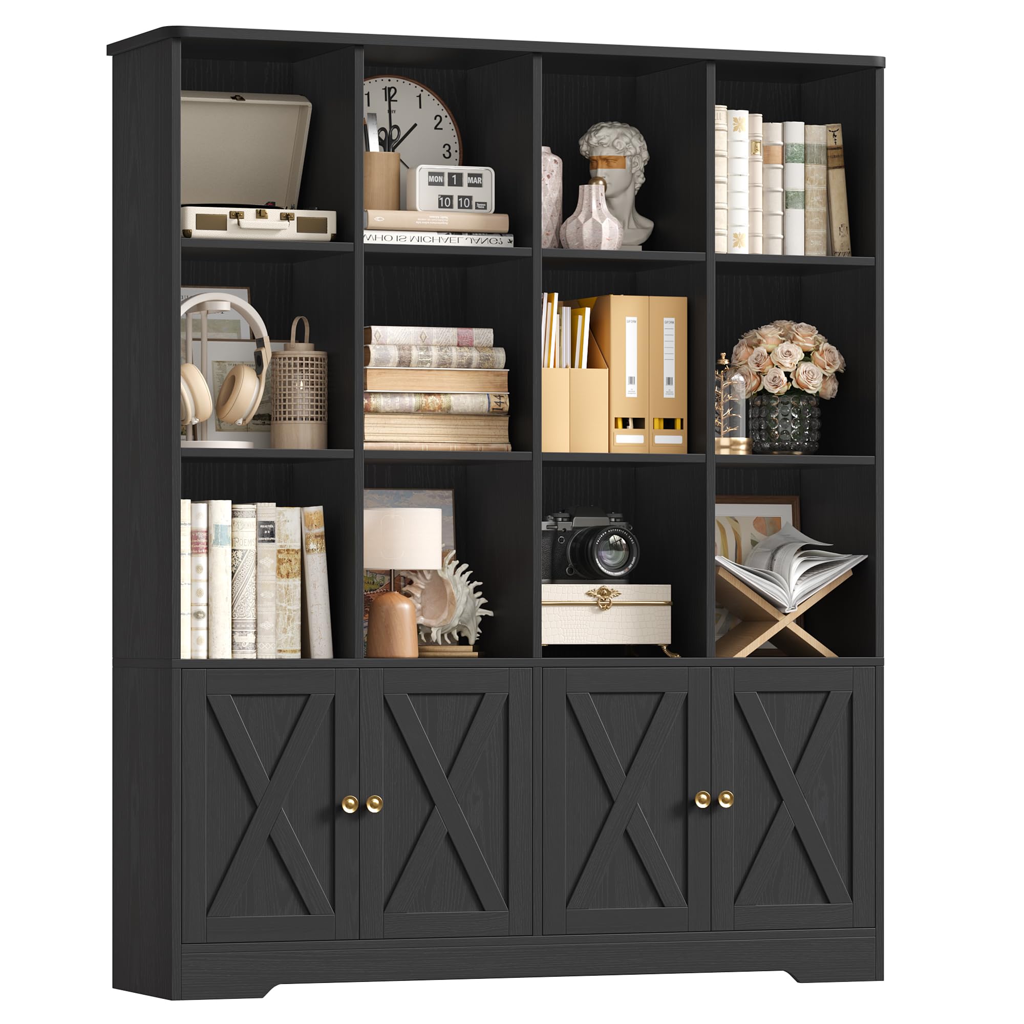 FirFurd 145cm Librería con 4 Puertas y 12 Compartimientos, Librería Salón | Estantería con Puertas, Estantería Libros, Estanterías Almacenaje, para Salón Estudio Oficina Dormitorio Negro 121x30x145cm